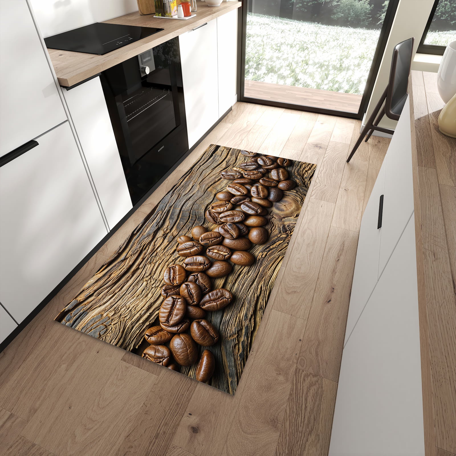 Bodenschonender Küchenläufer mit Motiv Kaffeebohnen Holz in moderner Küche