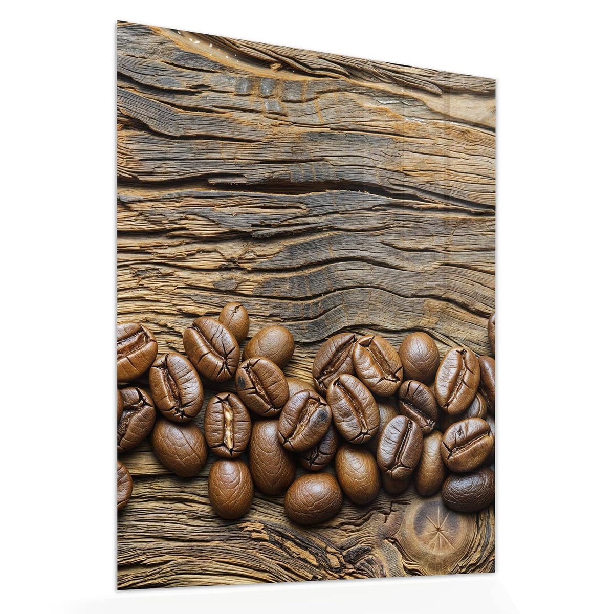 Echtglas, 4 mm – kein Acryl, keine Folie – Wandbild - Kaffeebohnen auf Altholz - Hochformat