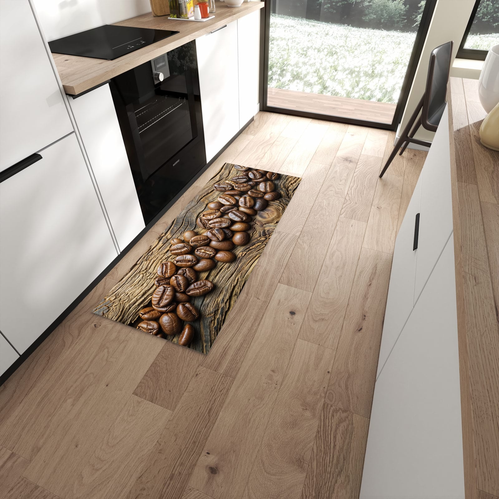 Waschbarer Küchenteppich mit Motiv Kaffeebohnen Holz in moderner Küche #grösse_60 x 150 cm