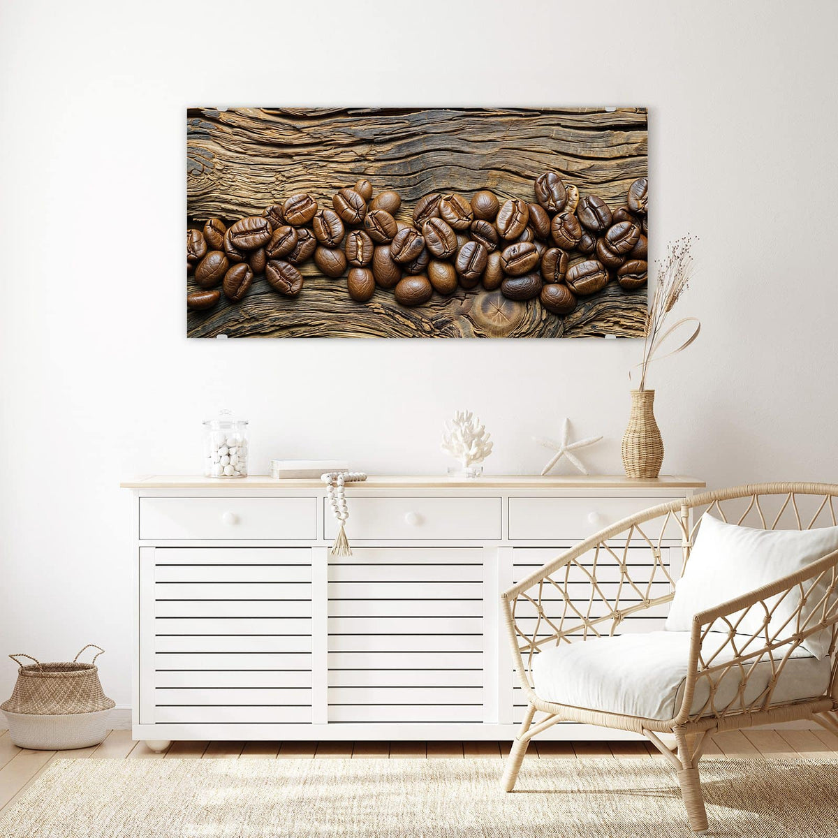 Echtglas, 4 mm – kein Acryl, keine Folie – Wandbild - Kaffeebohnen auf Altholz - Querformat