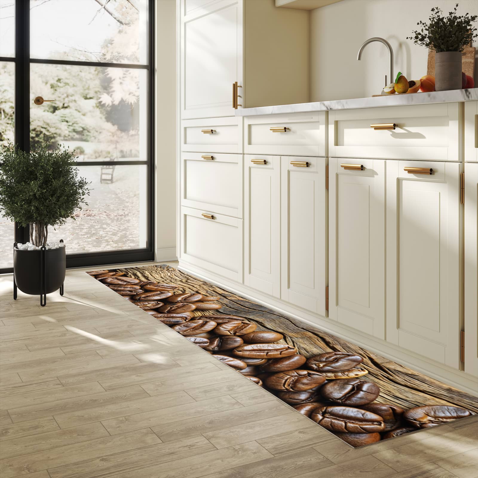 Pflegeleichter Läufer für Eingangsbereich mit Motiv Kaffeebohnen Holz in heller Küche