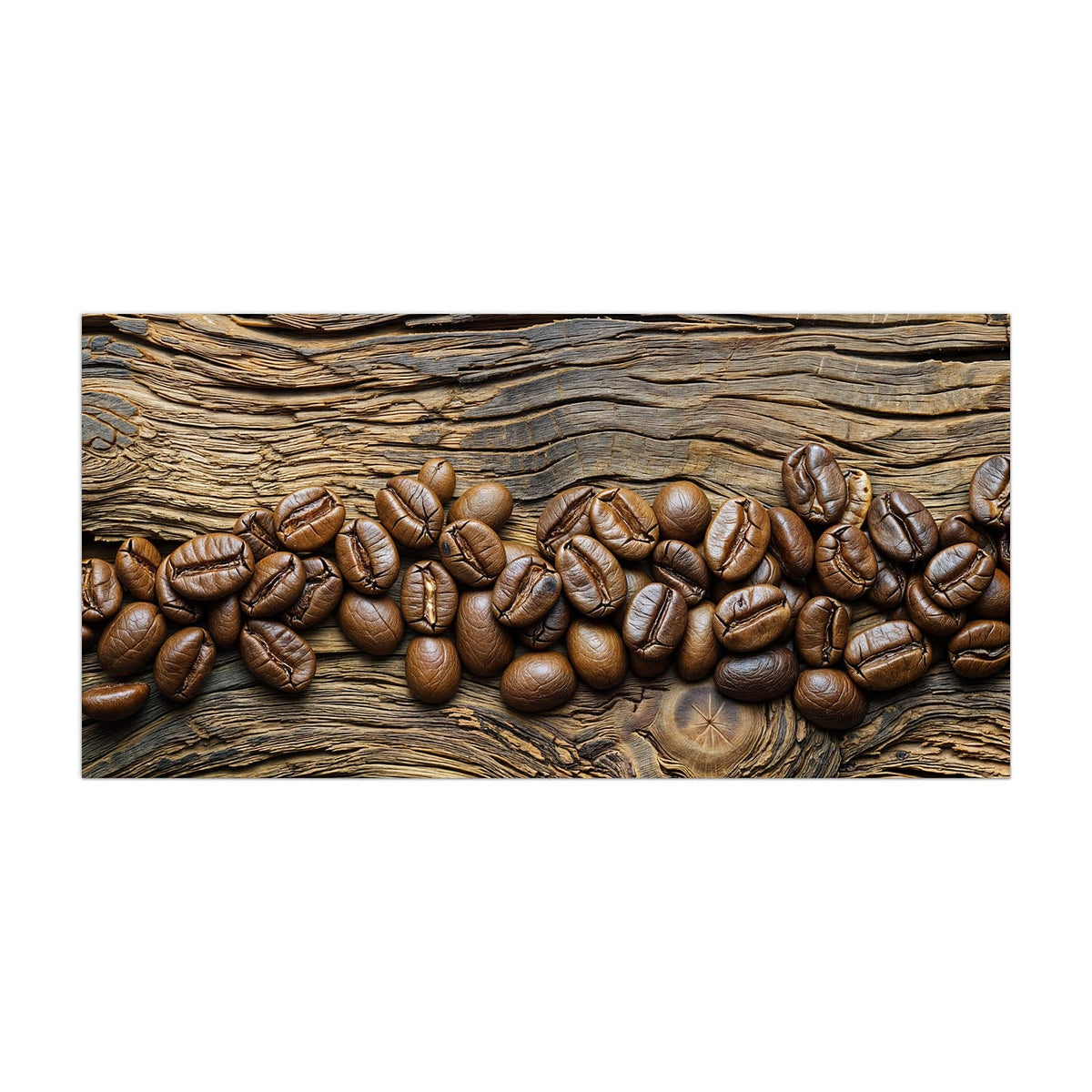 Küchenrückwand aus Glas Kaffeebohnen auf Altholz im Hochformat, Motiv bildfüllend von vorn