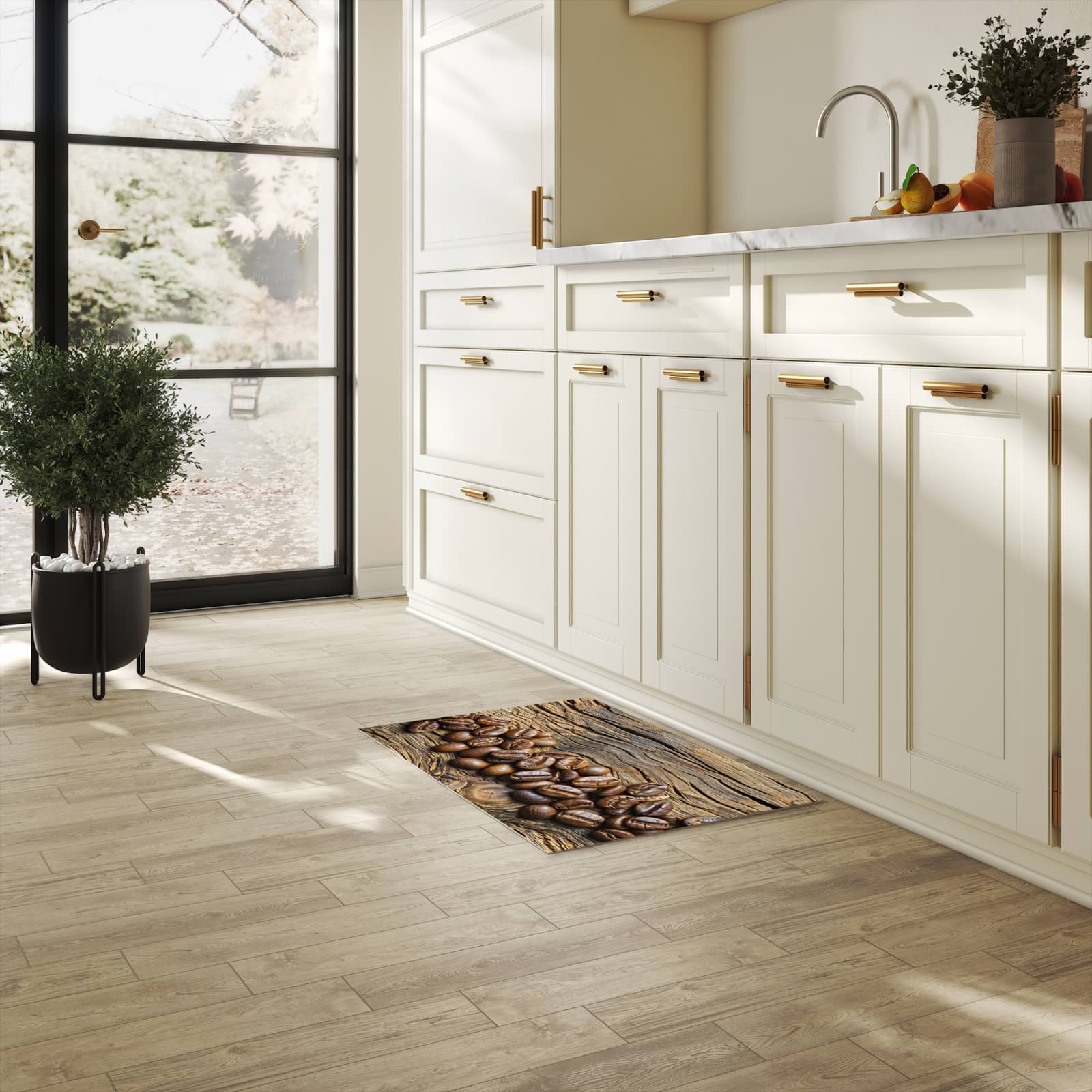 Komfortabler Läufer mit Motiv Kaffeebohnen Holz in heller Küche für rutschfesten Stand