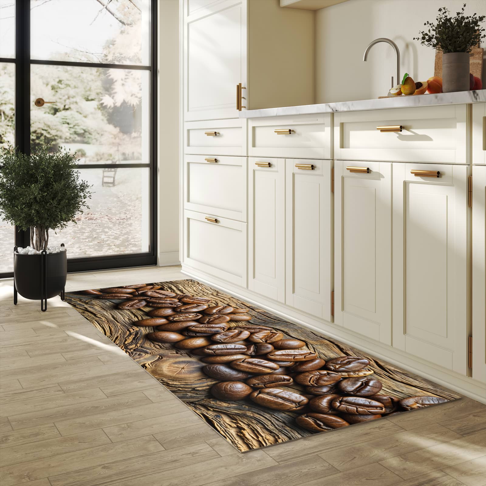 Waschbarer rutschfester Küchenteppich mit Motiv Kaffeebohnen Holz in heller Küche