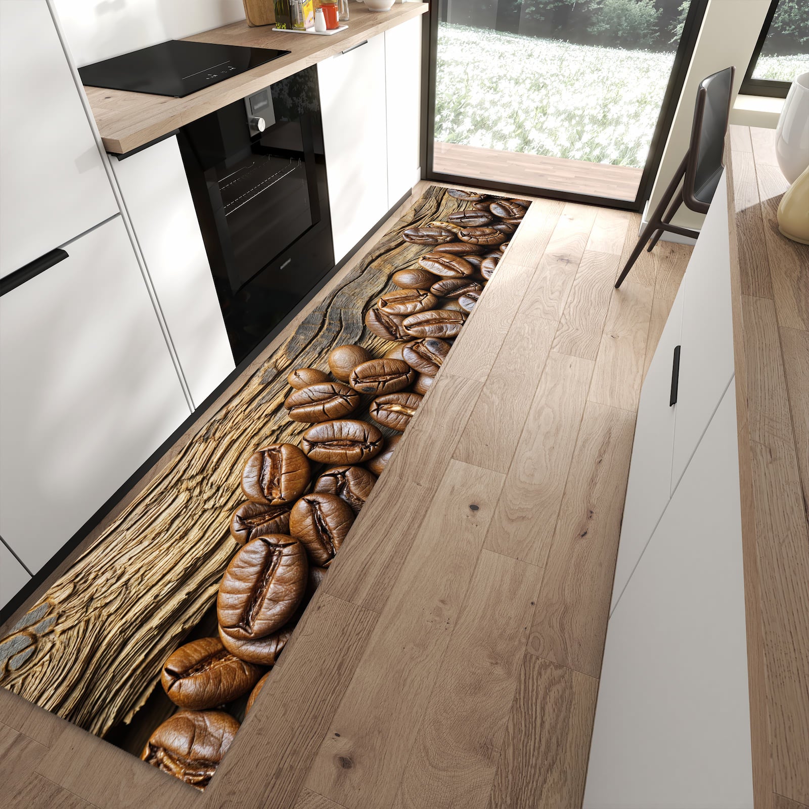 Waschbarer Küchenteppich mit Motiv Kaffeebohnen Holz in moderner Küche