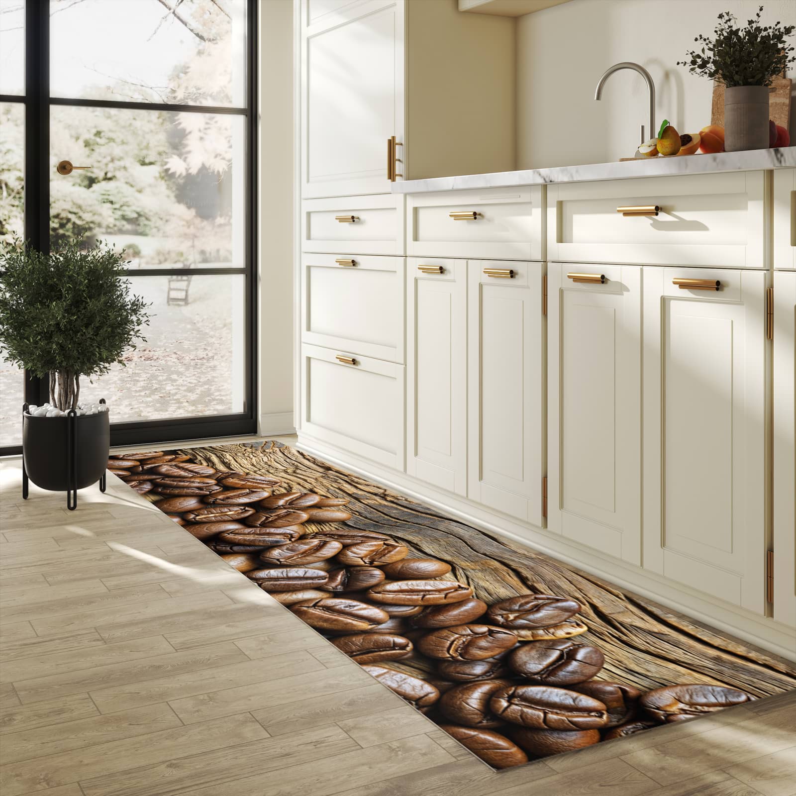 Hygienischer Teppich fürs Esszimmer mit Motiv Kaffeebohnen Holz in heller Küche