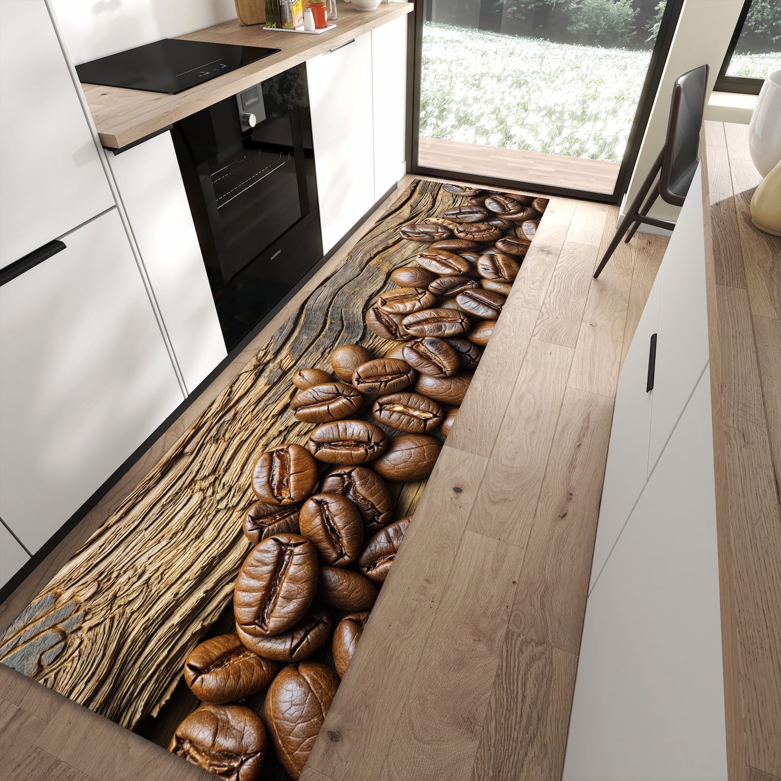 Küchenteppich mit Motiv Kaffeebohnen Holz für Ordnung in moderner Küche