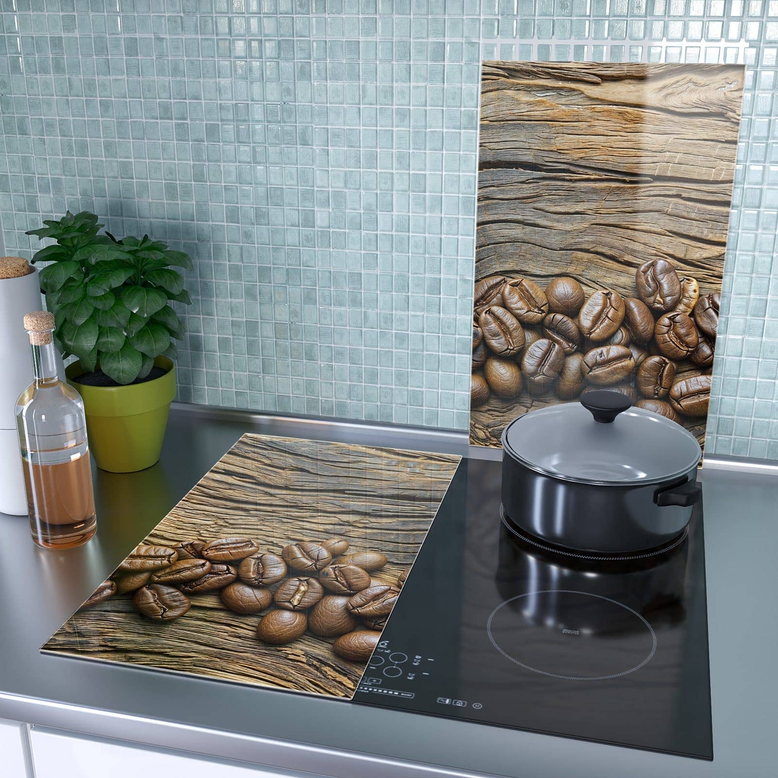 2-teilige Herdabdeckplatten für Ceranfeld mit Kaffeebohnen Holz-Motiv als Spritzschutz hinter dem Kochfeld