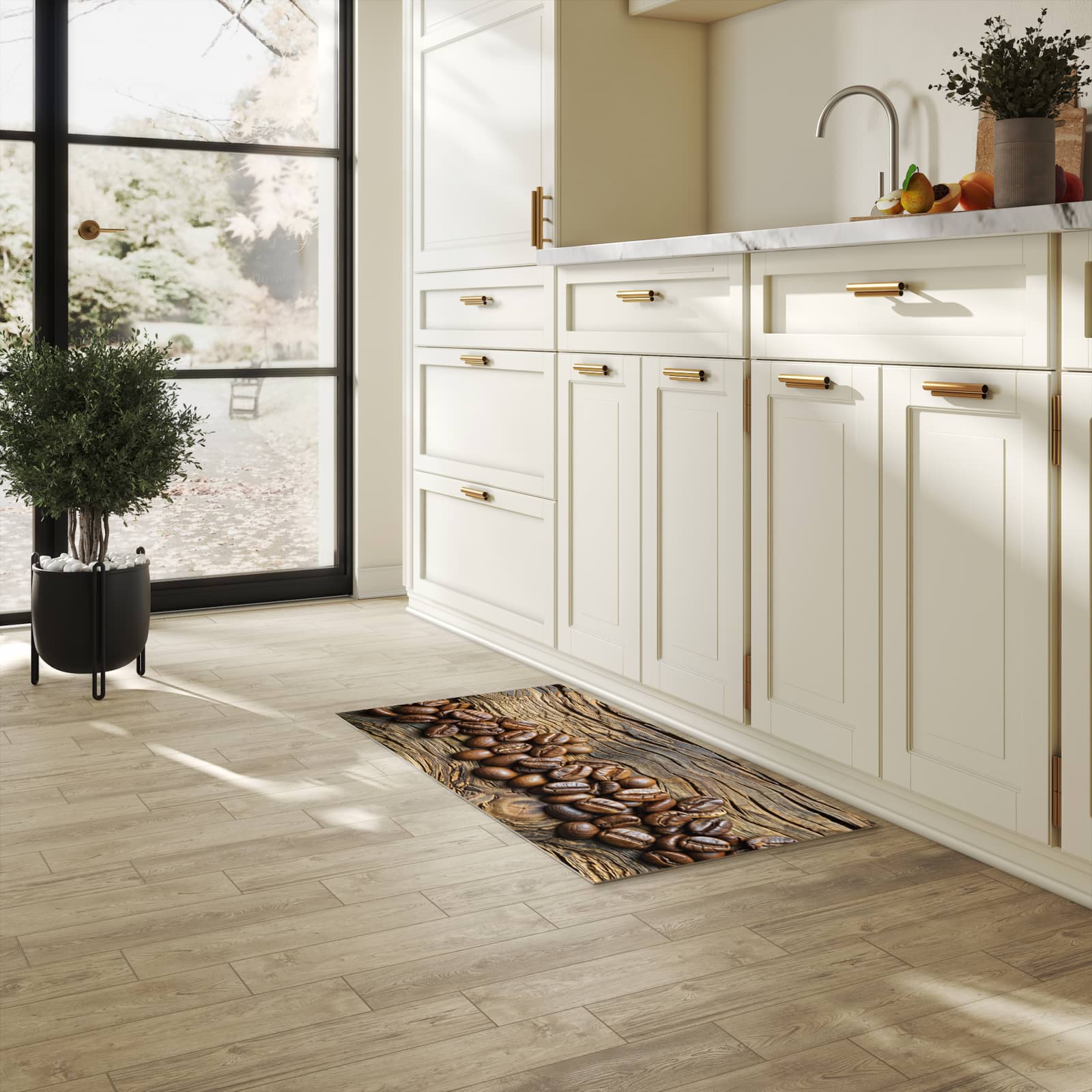 Fleckenresistenter Küchenläufer mit Motiv Kaffeebohnen Holz in heller Küche