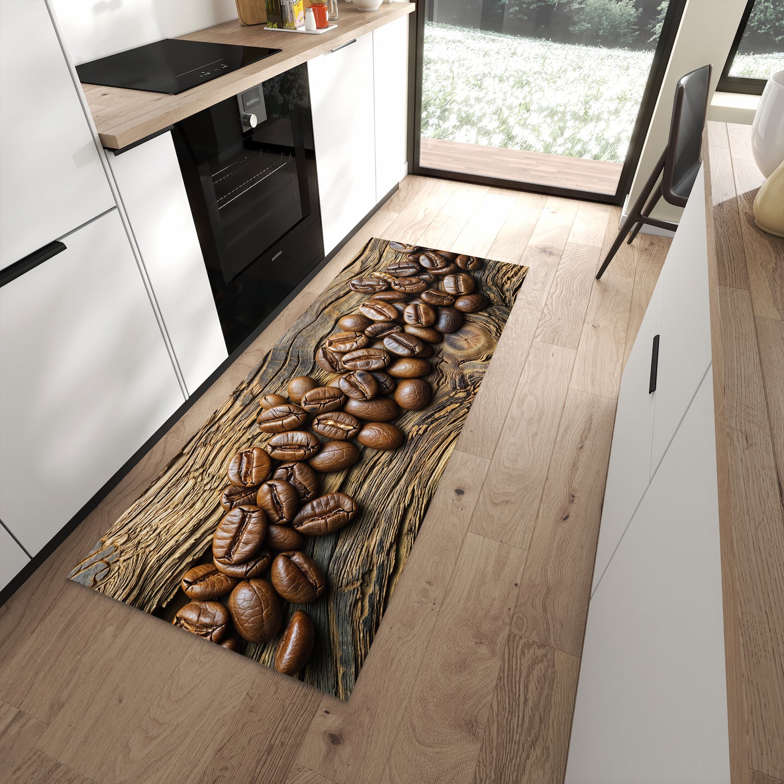 Rutschfester großer Küchenteppich mit Motiv Kaffeebohnen Holz in moderner Küche