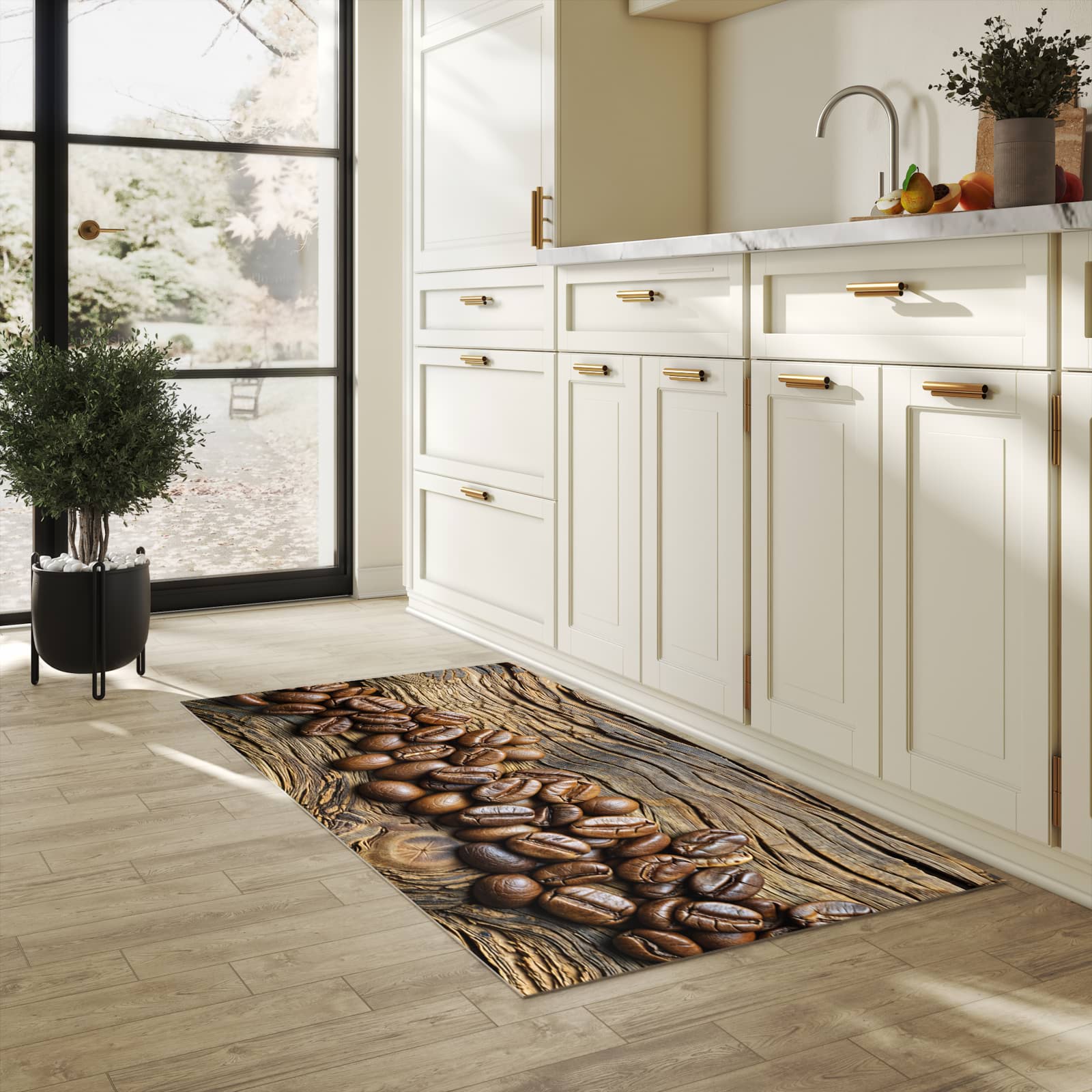 Strapazierfähiger Teppich für Esstisch mit Motiv Kaffeebohnen Holz in heller Küche