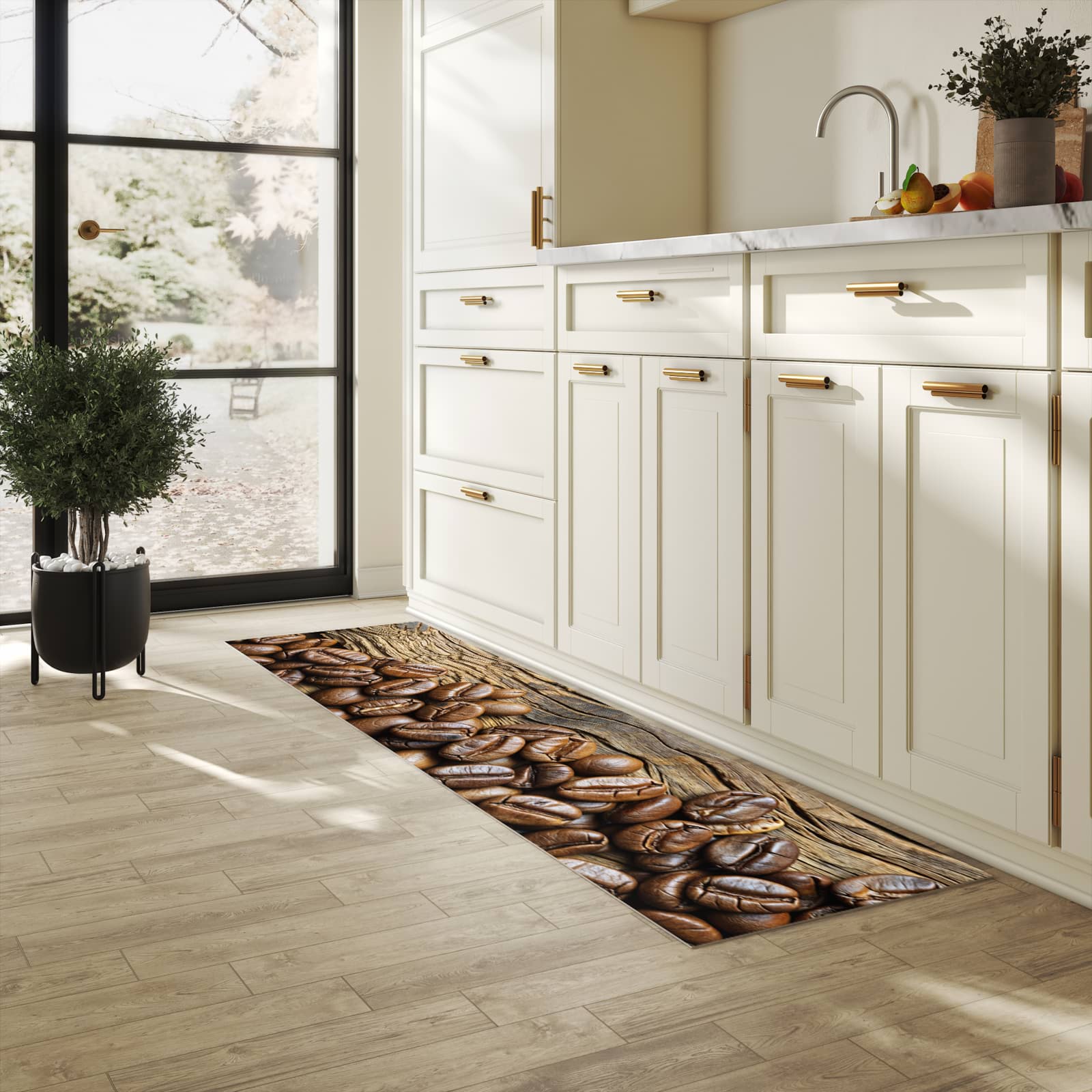 Langlebiger waschbarer Küchenläufer mit Motiv Kaffeebohnen Holz in heller Küche