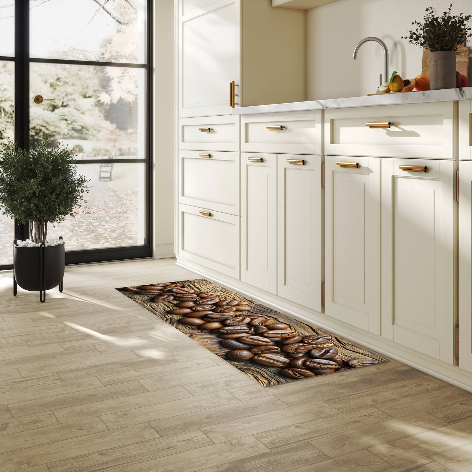 Geruchsneutraler waschbarer Läufer für die Küche mit Motiv Kaffeebohnen Holz in heller Küche