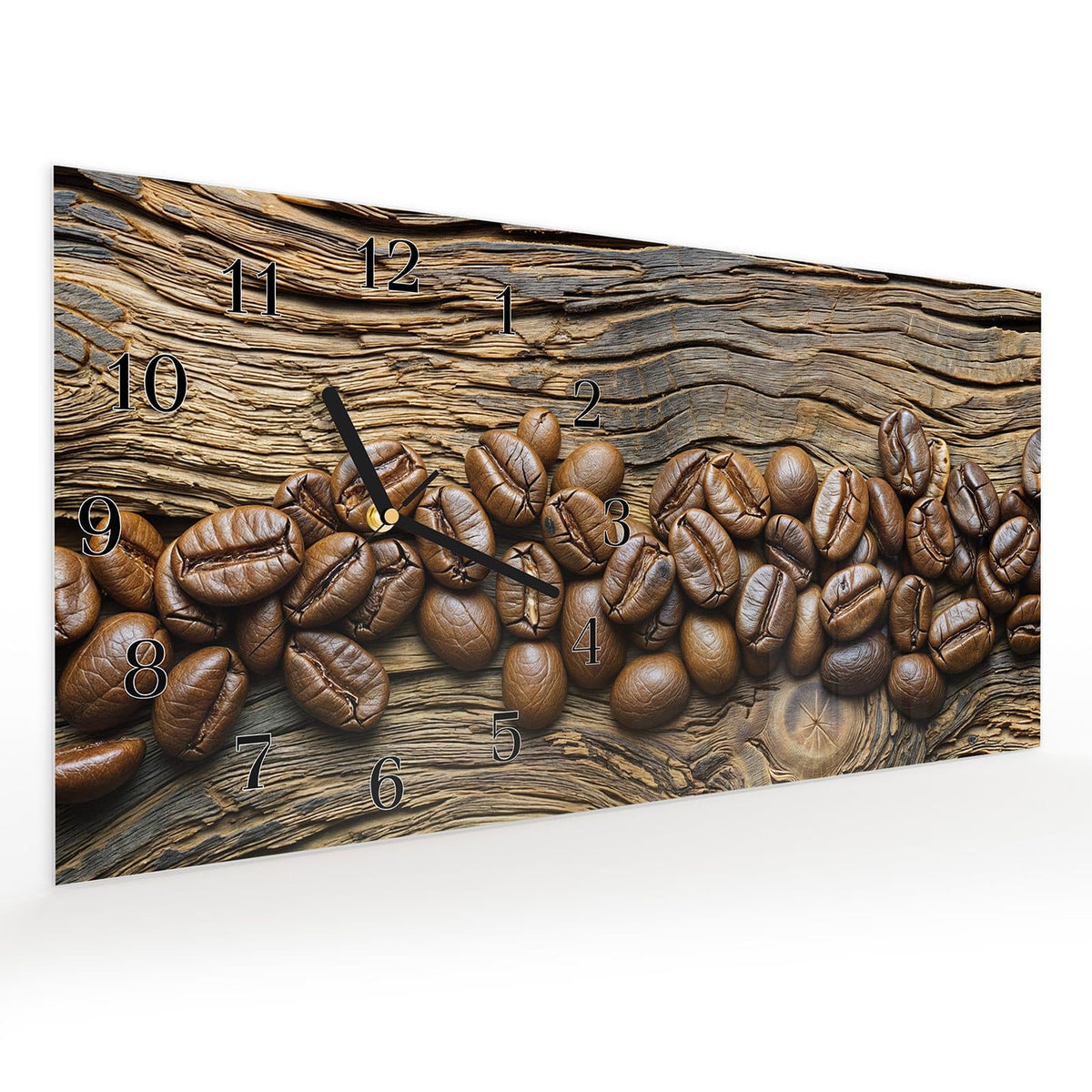 Vormontiert – mit Schwebeeffekt – Wanduhr Kaffeebohnen Holz aus Glas – Querformat 60 × 30 cm