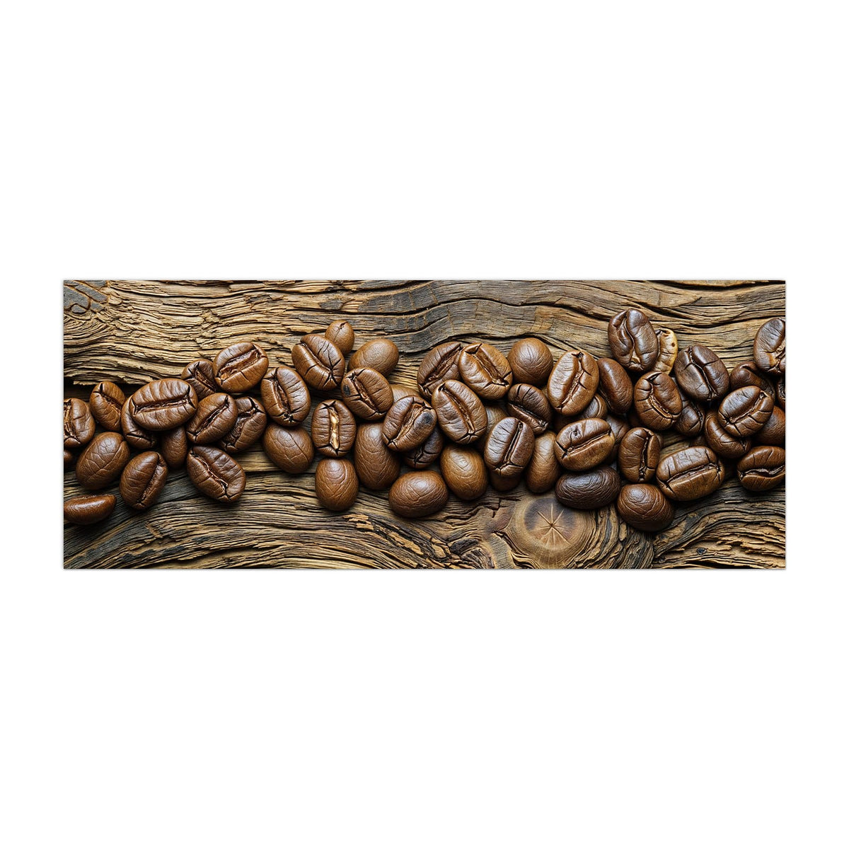 Küchenrückwand aus Glas Kaffeebohnen auf Altholz im Hochformat, Motiv bildfüllend von vorn