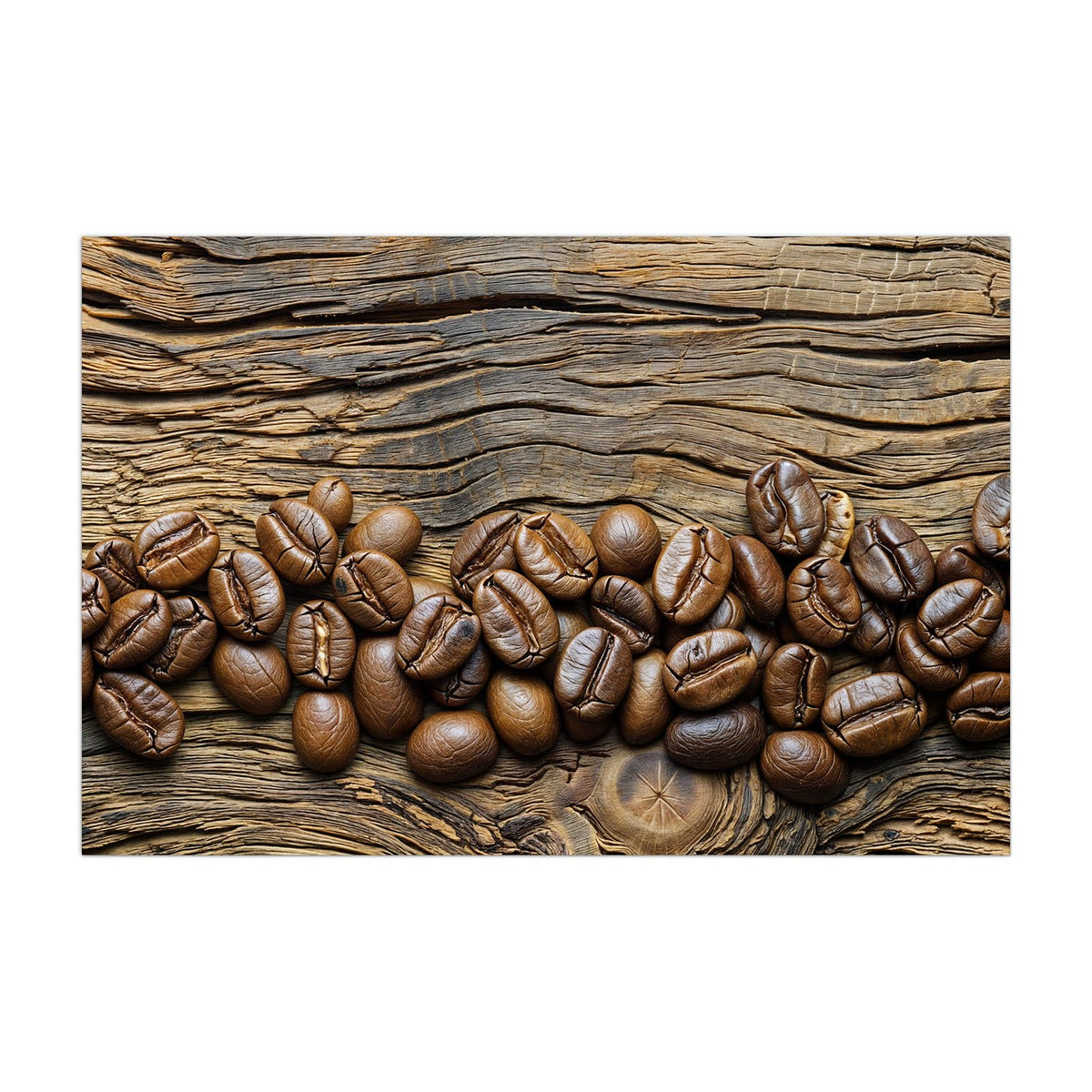 Küchenrückwand aus Glas Kaffeebohnen auf Altholz im Hochformat, Motiv bildfüllend von vorn