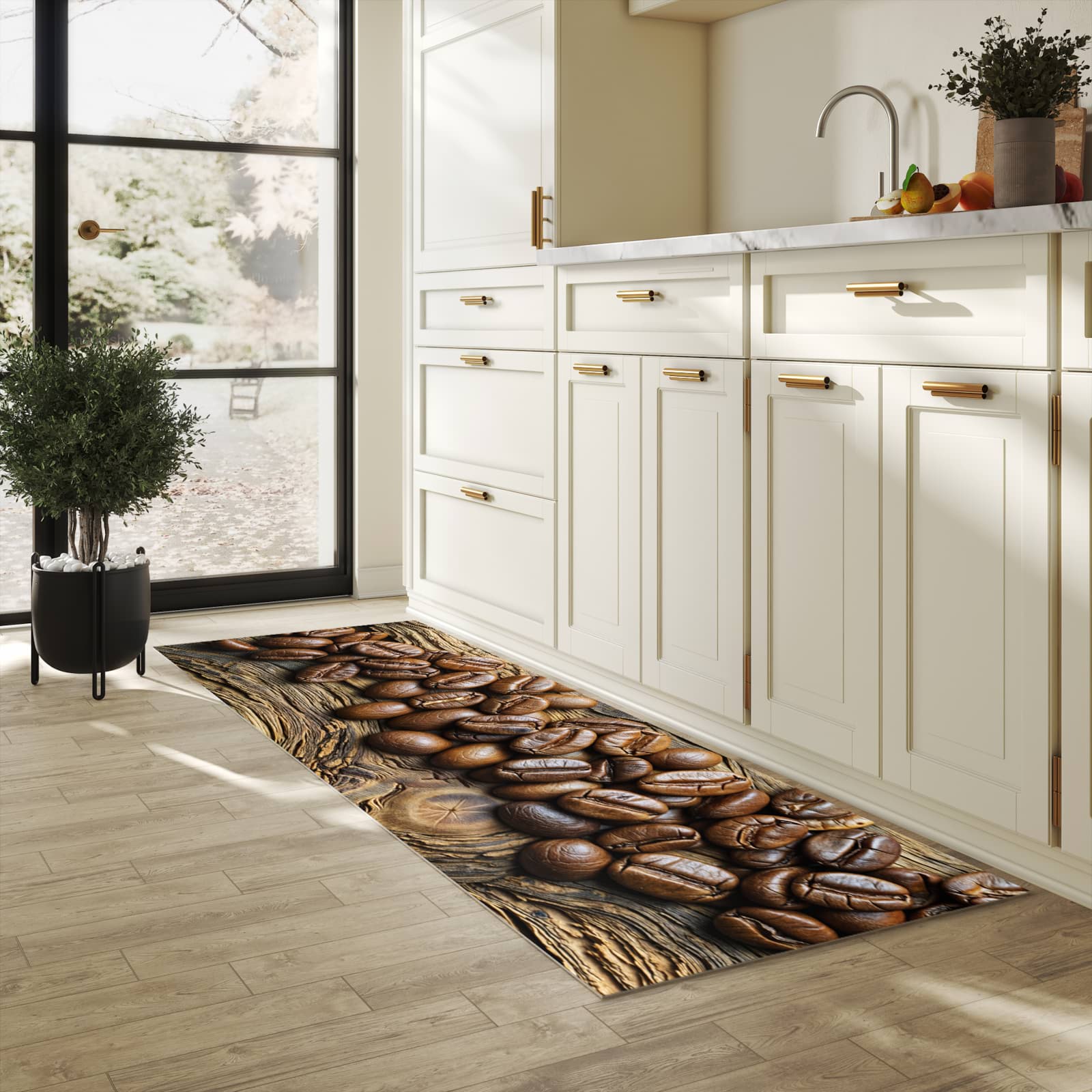Rutschfester Küchenteppich mit Motiv Kaffeebohnen Holz in heller Küche, einfach zu reinigen