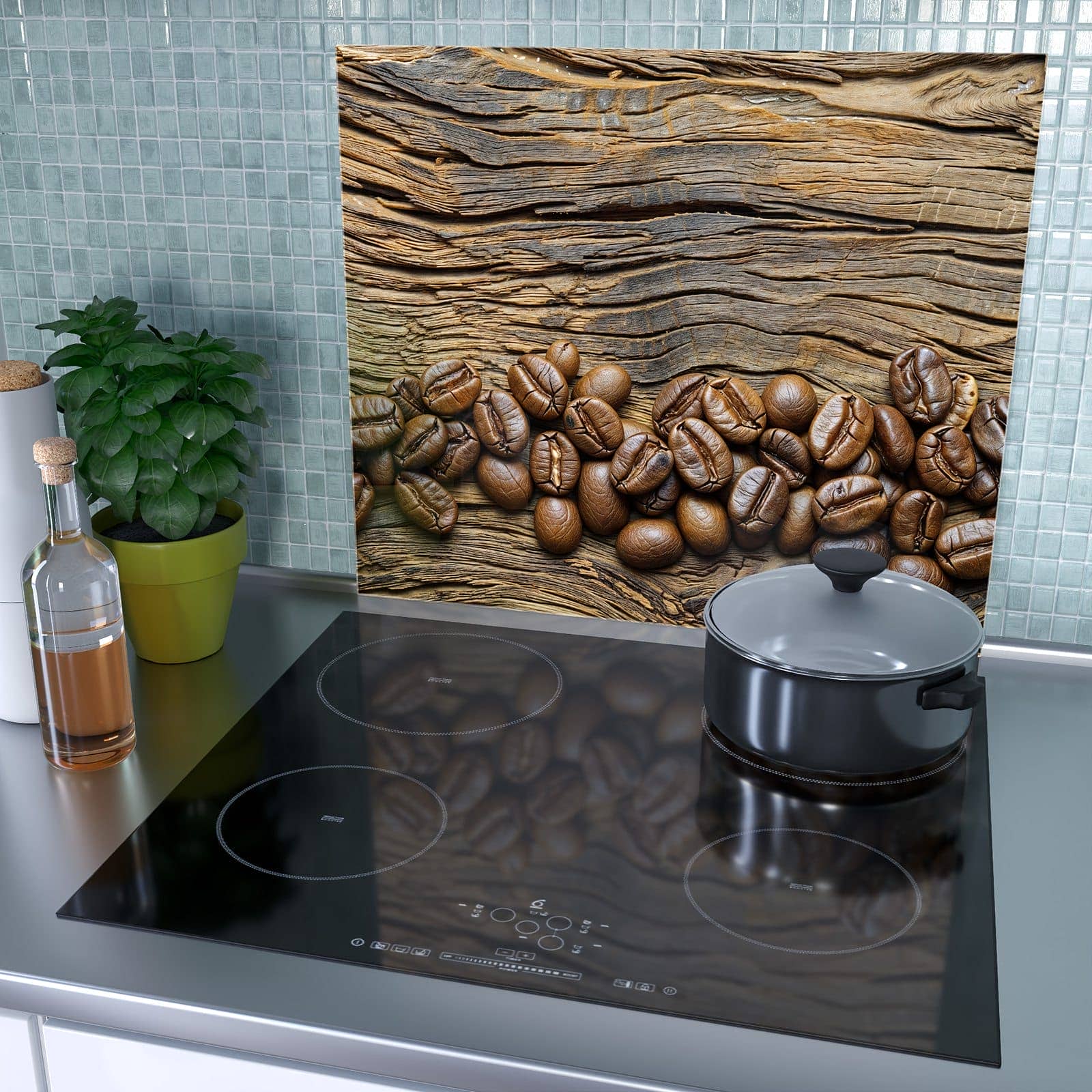 1-teilige Herdabdeckplatte mit Kaffeebohnen Holz-Motiv als Spritzschutz hinter dem Kochfeld