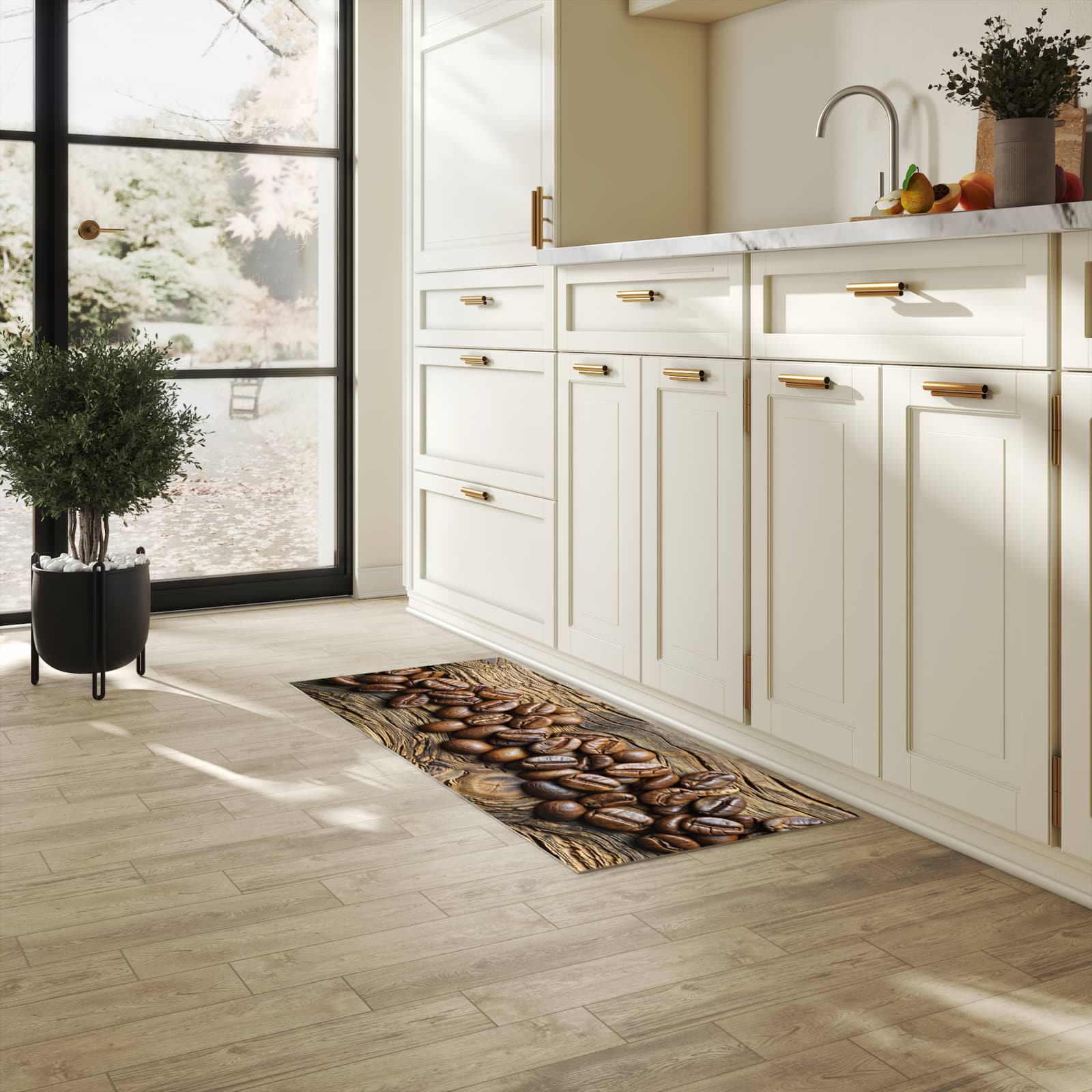 Schmutzabweisender Teppichläufer mit Motiv Kaffeebohnen Holz in heller Küche