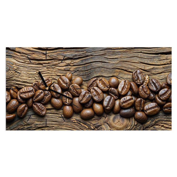 Wanduhr Kaffeebohnen Holz aus Glas – Querformat 60 × 30 cm mit Ziffernblatt Linie