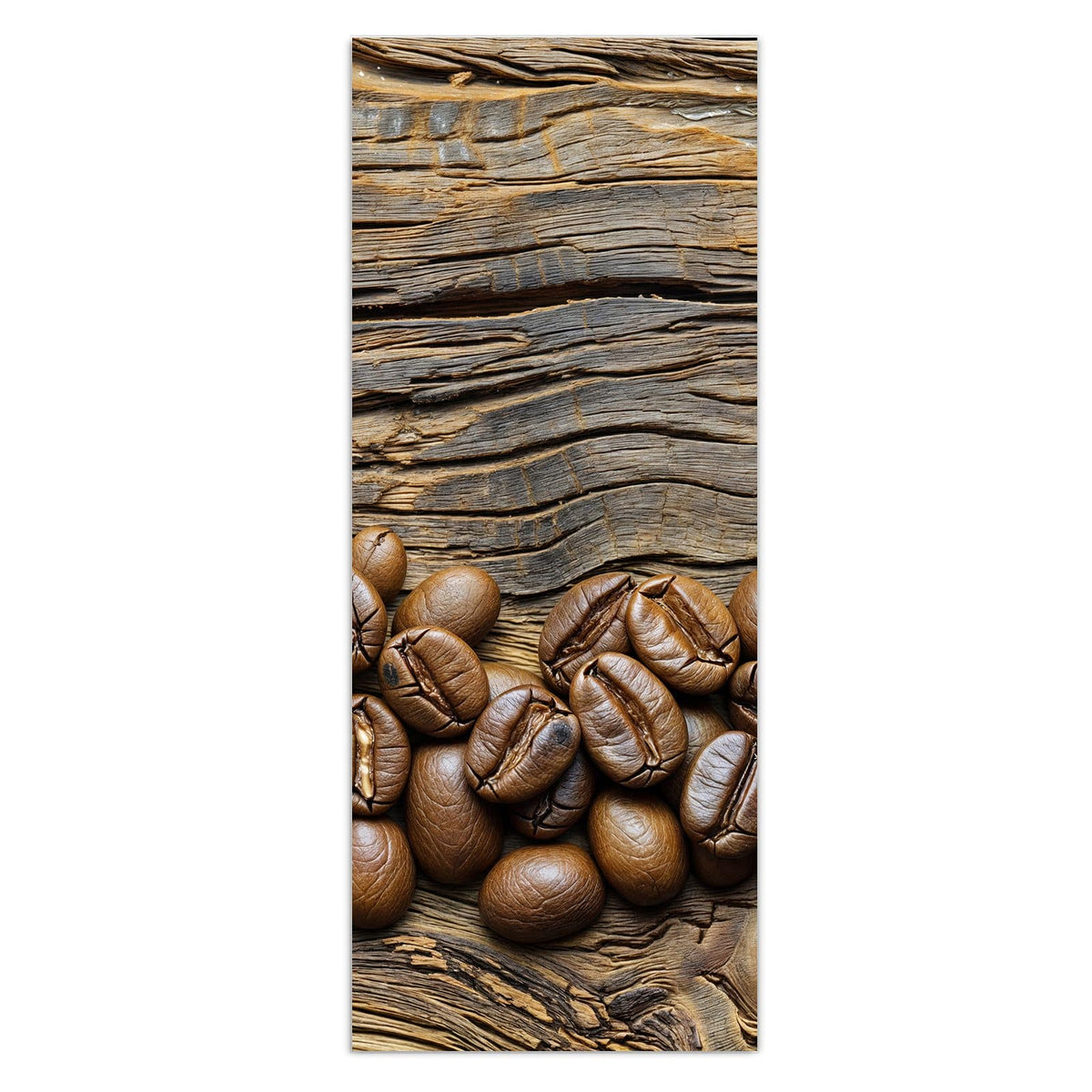 Wandbild - Kaffeebohnen auf Altholz - Hochformat – Glänzende Kaffeebohnen auf Holz