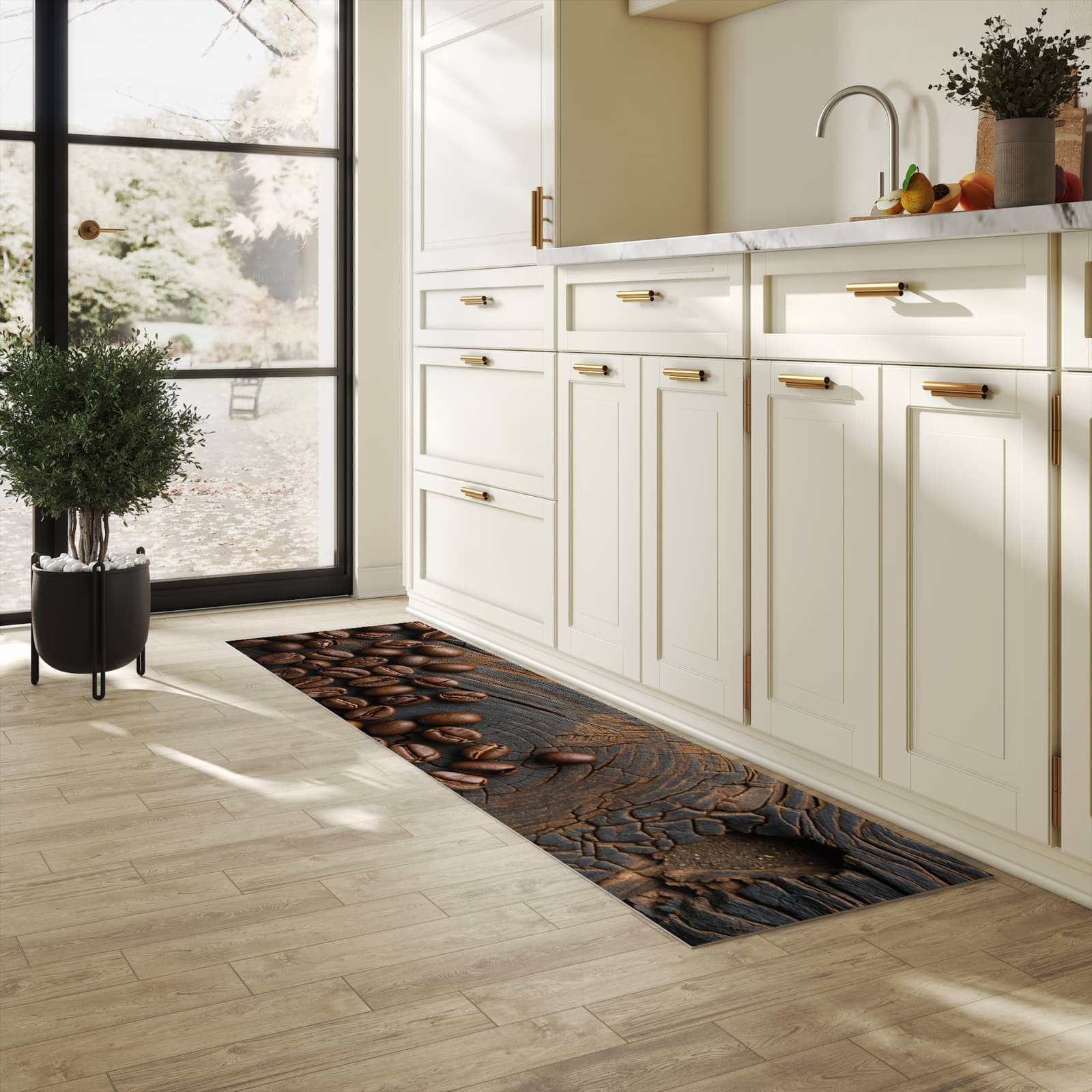 Bodenschonender Küchenteppich mit Motiv Kaffeebohnenholz in heller Küche