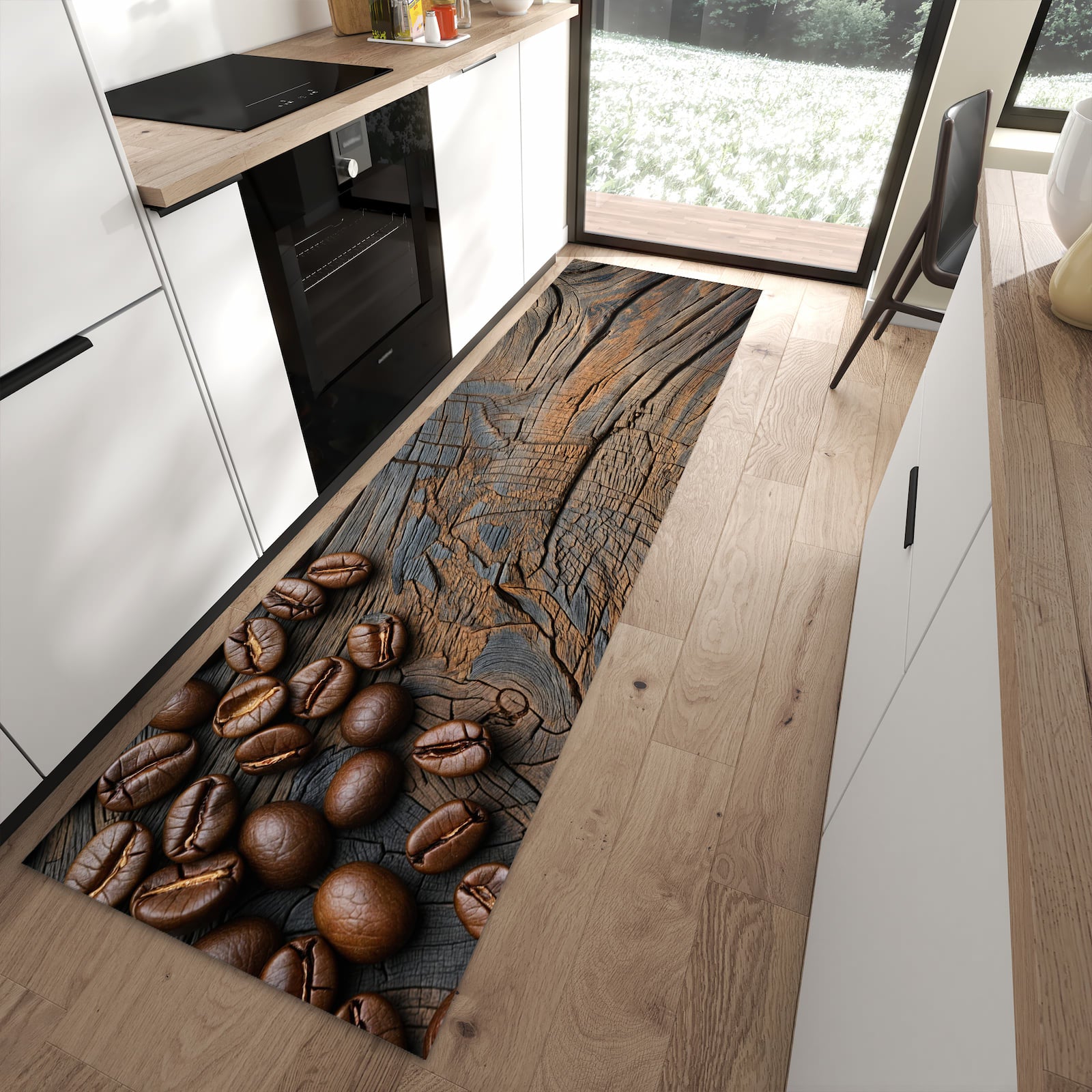 Schmutzabweisender Küchenteppich mit Motiv Kaffeebohnenholz in moderner Küche