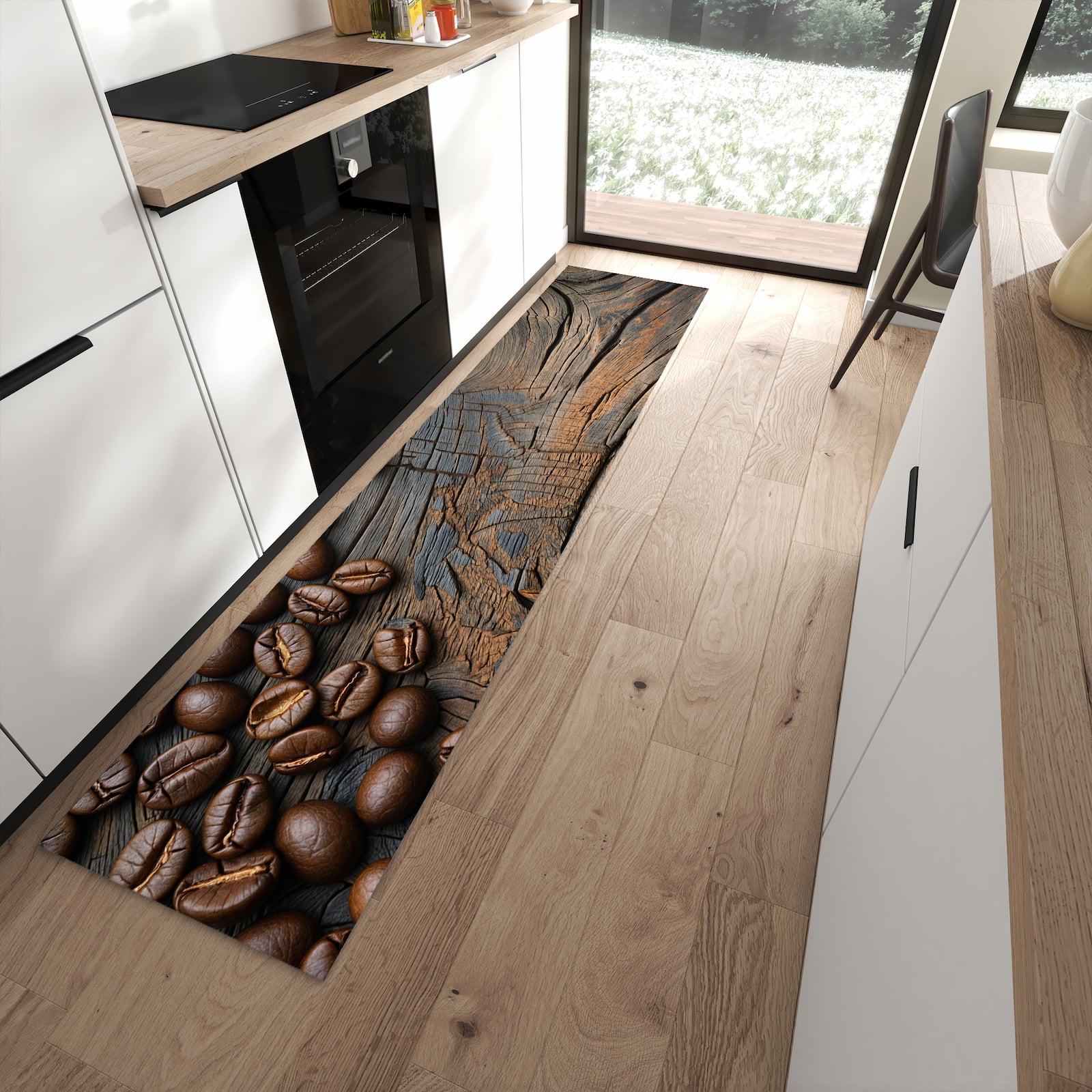 Abriebfester Küchenteppich mit Motiv Kaffeebohnenholz in moderner Küche