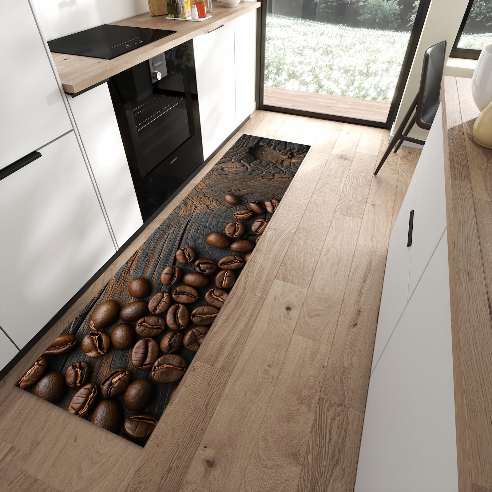 Geräuschdämpfender Küchenteppich mit Motiv Kaffeebohnenholz in moderner Küche