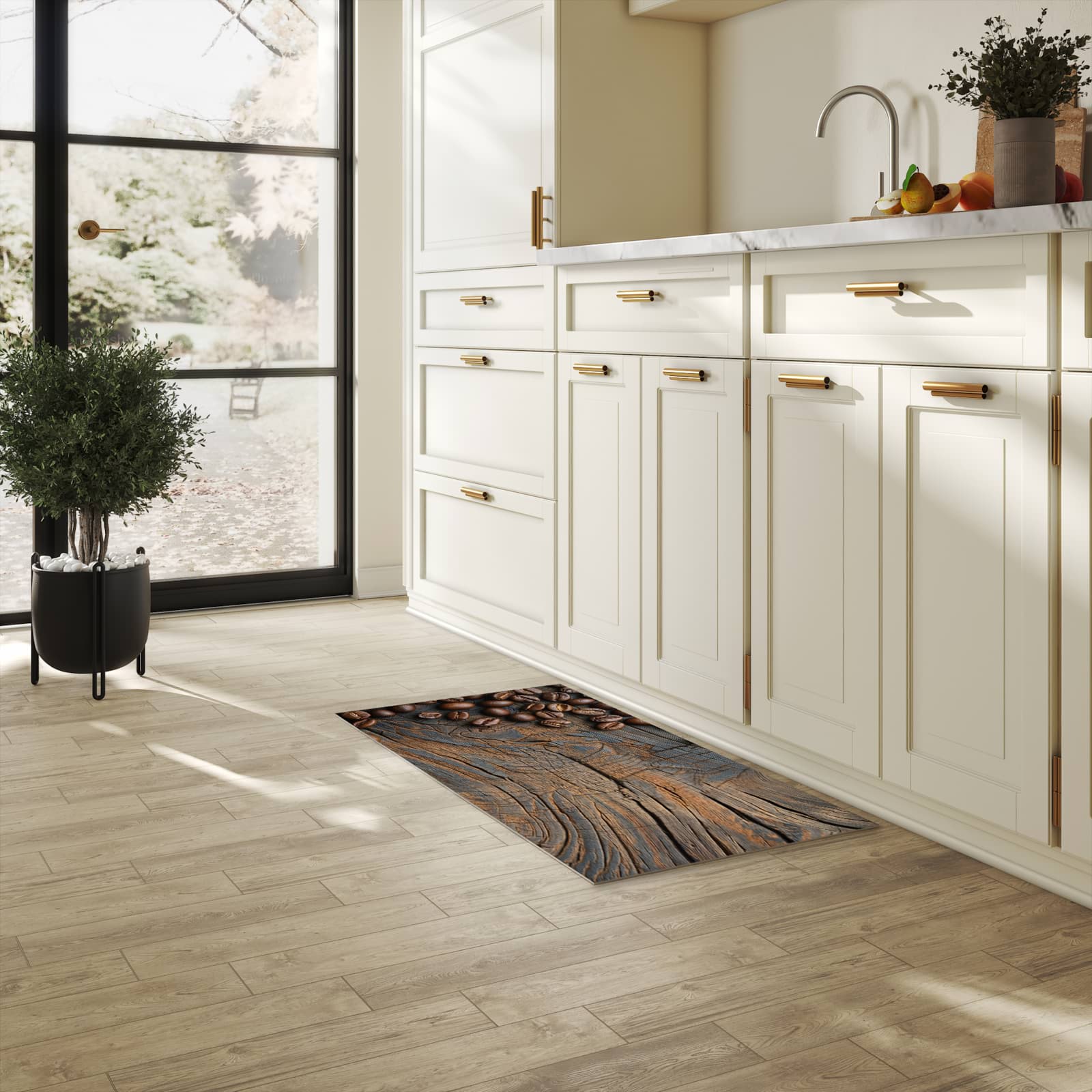 Feuchtigkeitsresistenter Teppich für Küche mit Motiv Kaffeebohnenholz in heller Küche