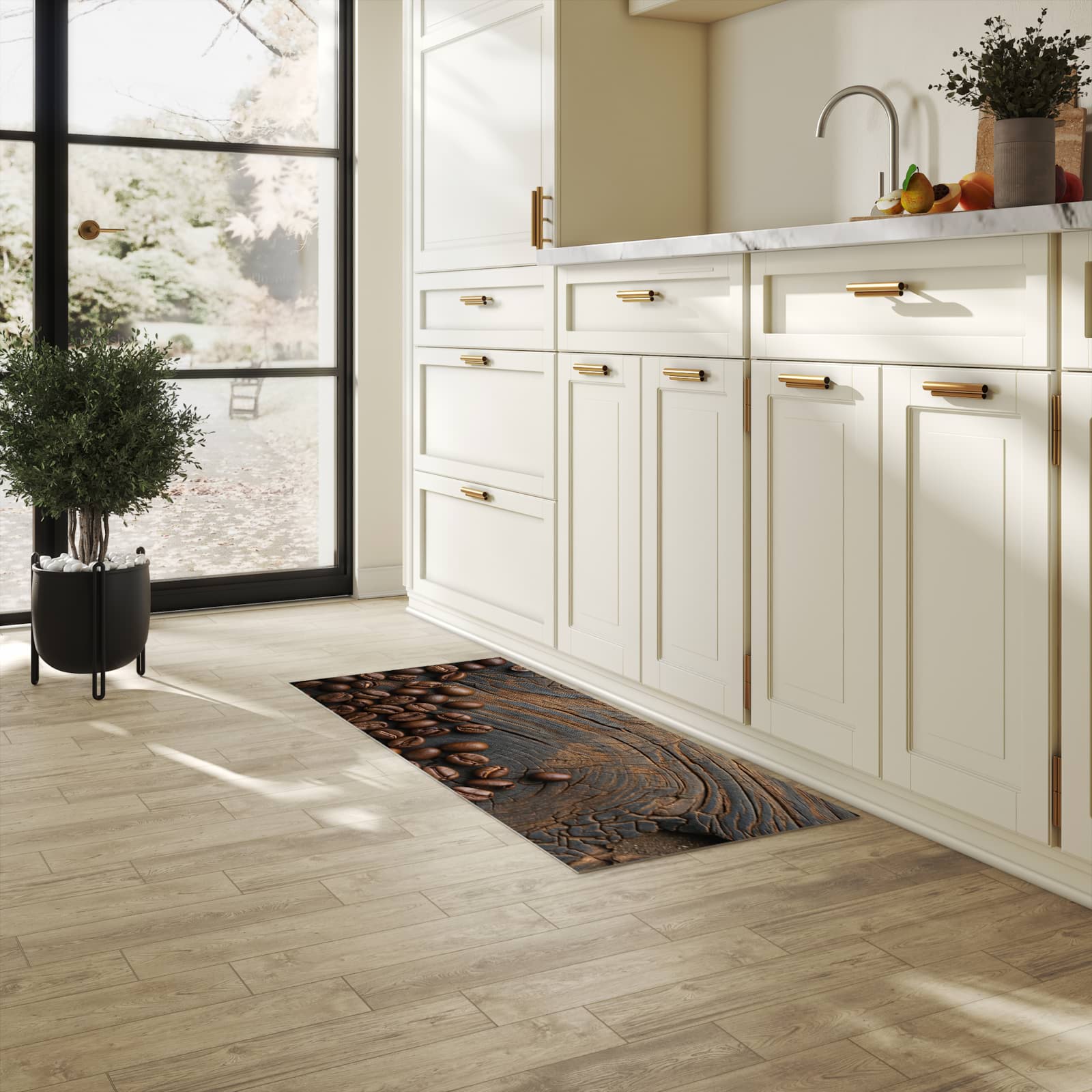 Bodenschonender Küchenteppich mit Motiv Kaffeebohnenholz in heller Küche