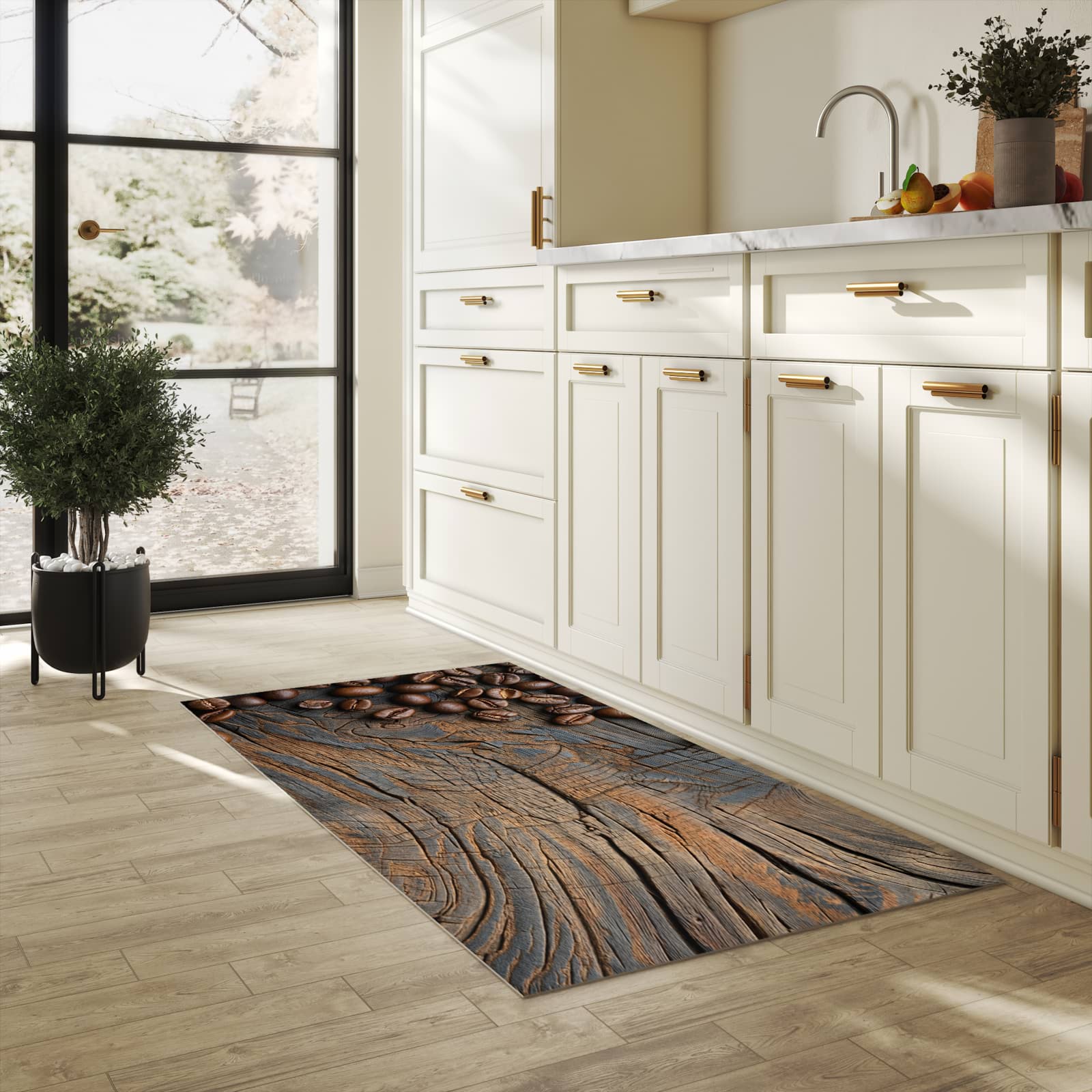 Waschbarer Küchenteppich mit Motiv Kaffeebohnenholz für Trittkomfort in heller Küche