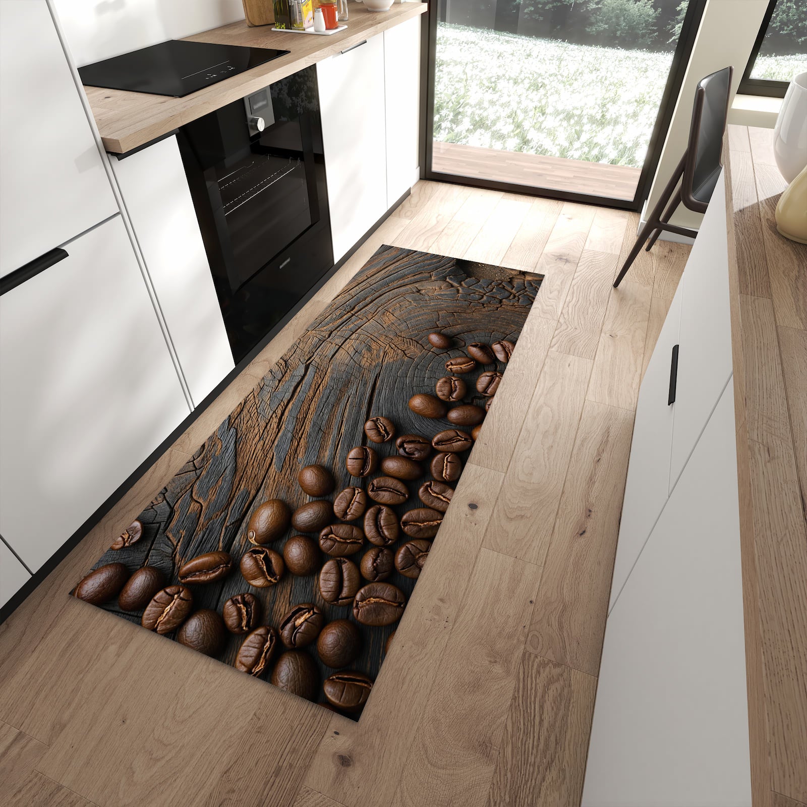 Wasserabweisender Teppich für die Küche mit Motiv Kaffeebohnenholz in moderner Küche