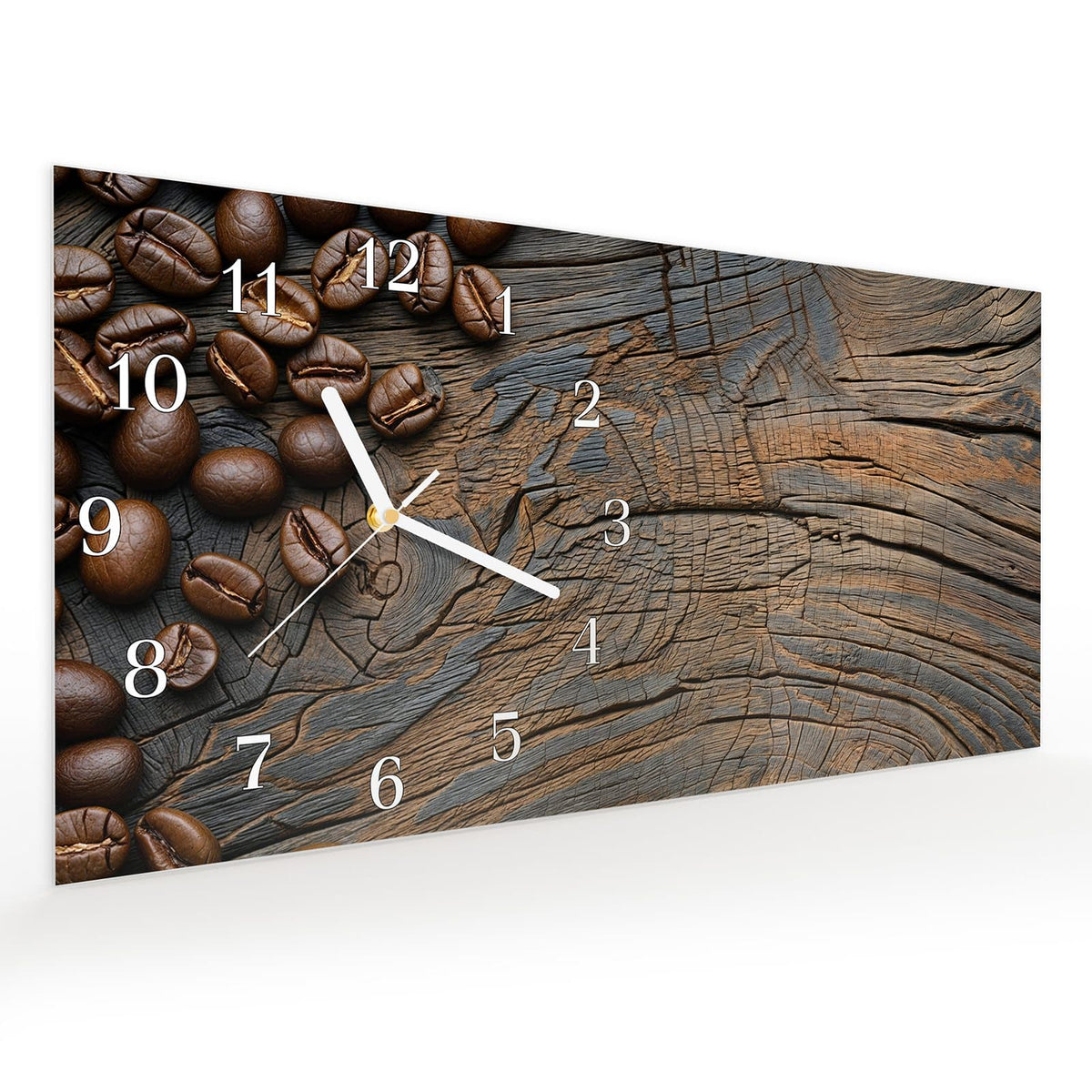 Vormontiert – mit Schwebeeffekt – Wanduhr Kaffeebohnenholz aus Glas – Querformat 60 × 30 cm
