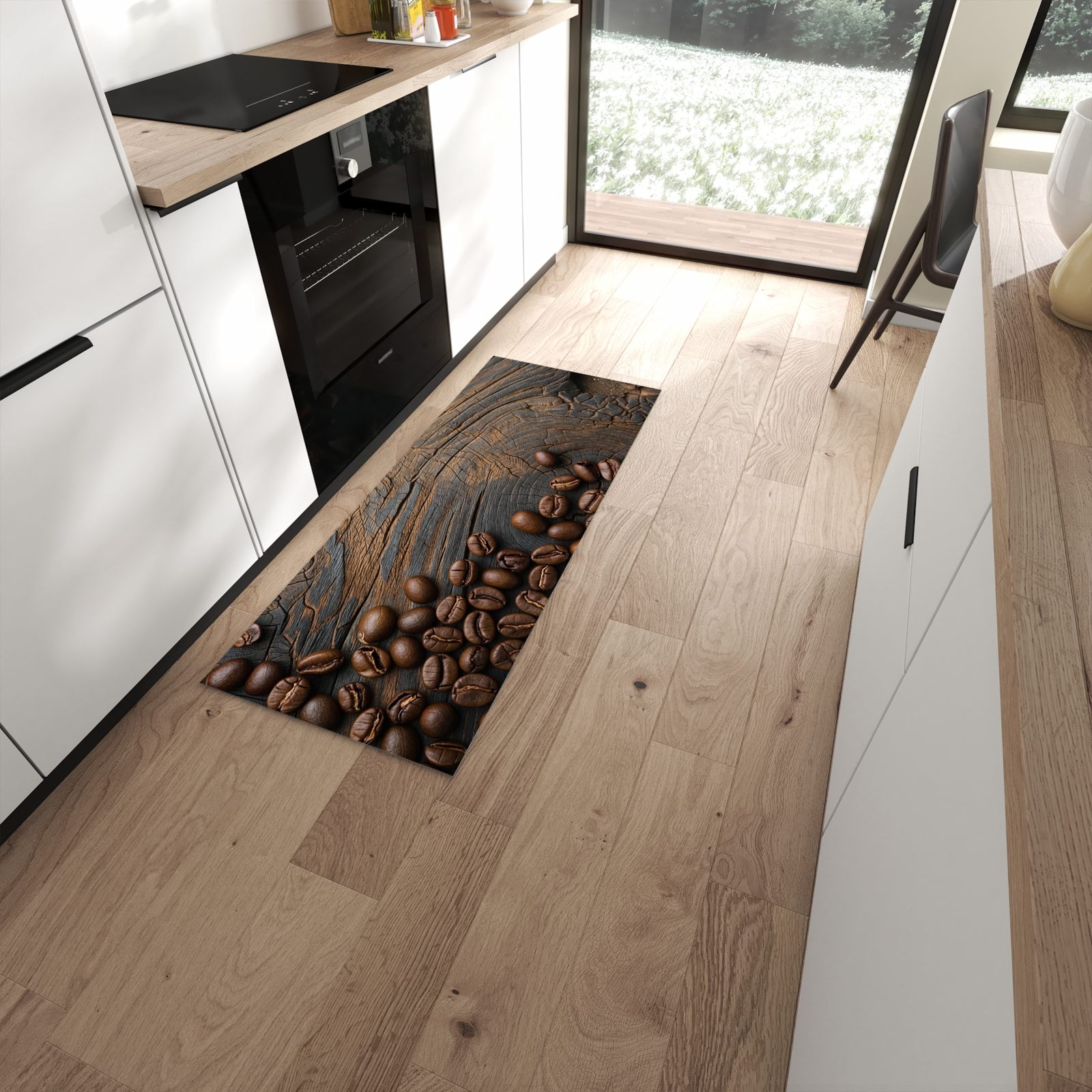 Abwaschbarer Küchenläufer mit Motiv Kaffeebohnenholz in moderner Küche #grösse_60 x 150 cm