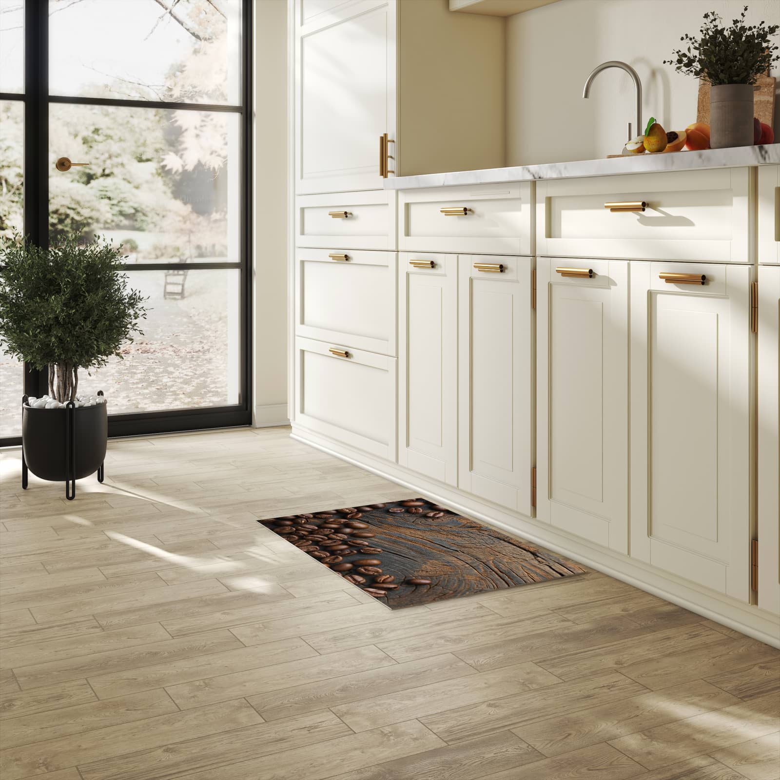 Küchenläufer mit Motiv Kaffeebohnenholz in heller Küche für sichere Aufbewahrung