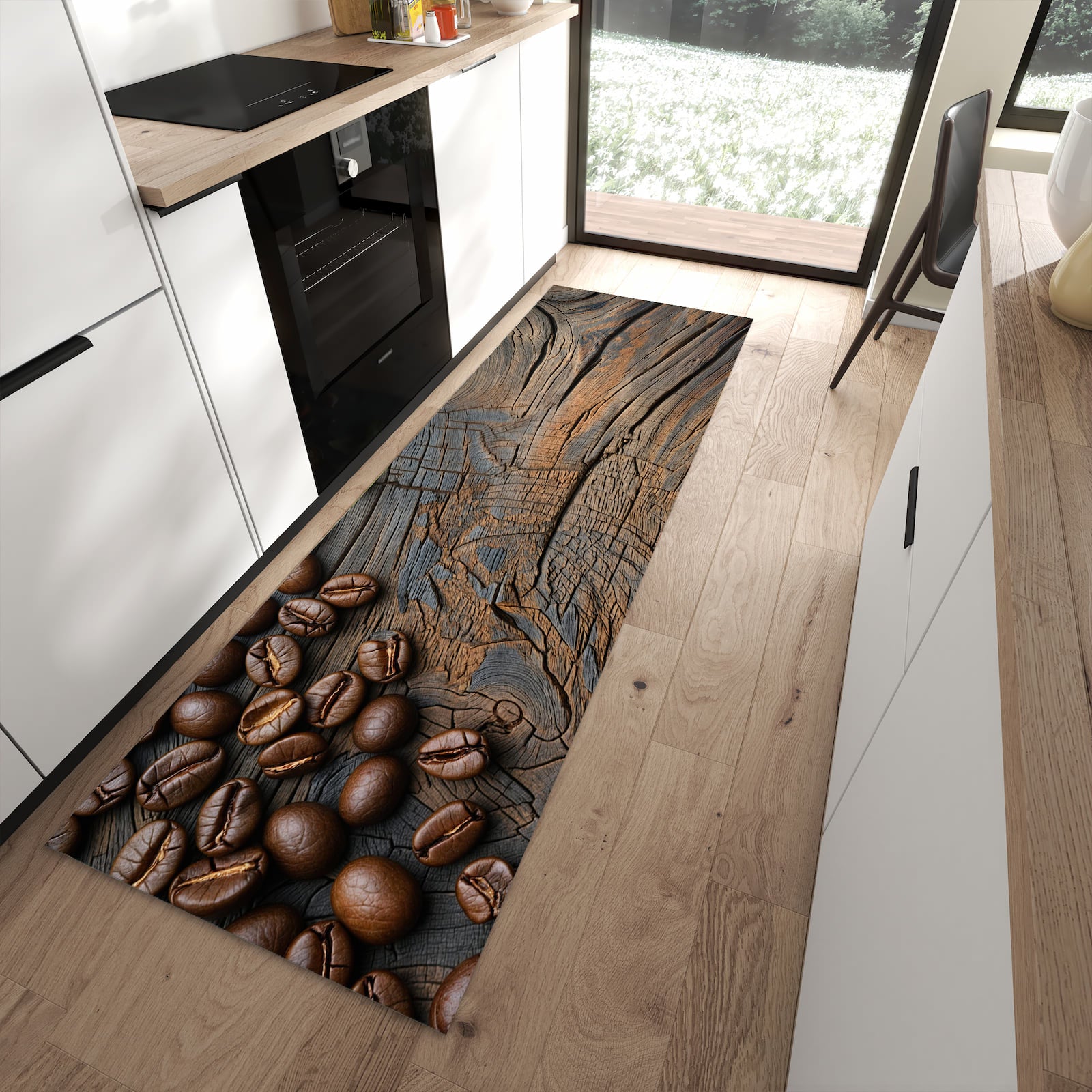 Fleckenresistenter Küchenteppich mit Motiv Kaffeebohnenholz in moderner Küche