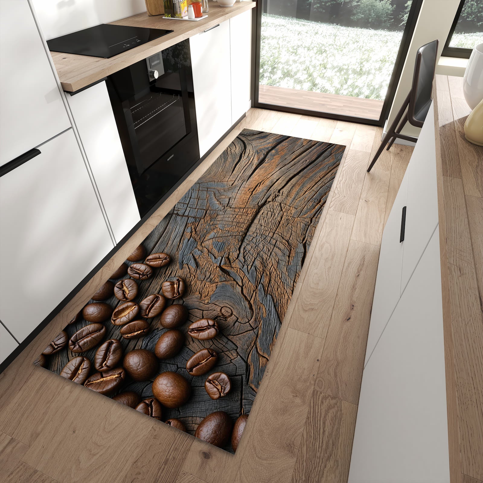 Flacher Küchenläufer mit Motiv Kaffeebohnenholz in moderner Küche