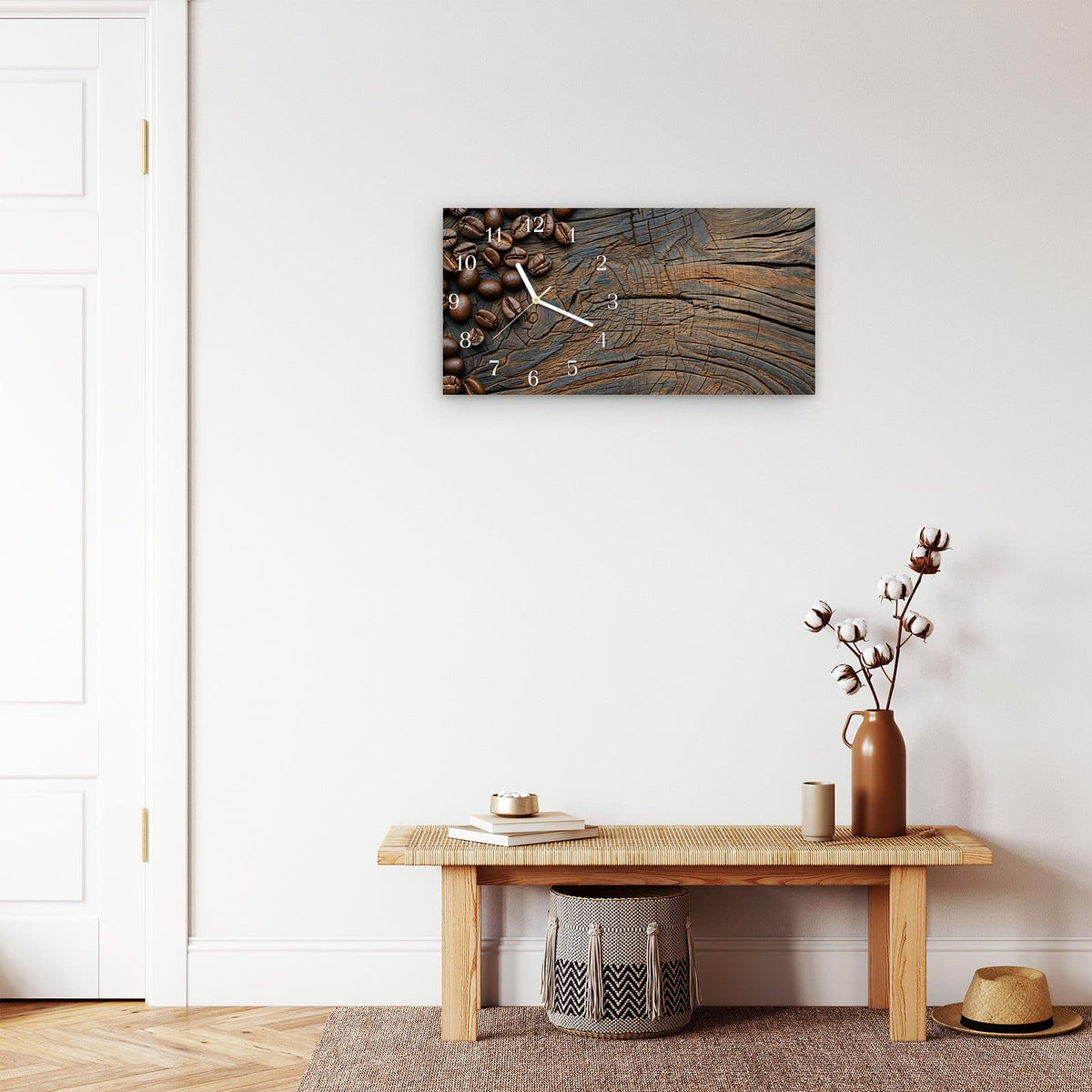 Moderne Wanduhr aus Glas mit Farbtiefe – Wanduhr Kaffeebohnenholz aus Glas – Querformat 60 × 30 cm