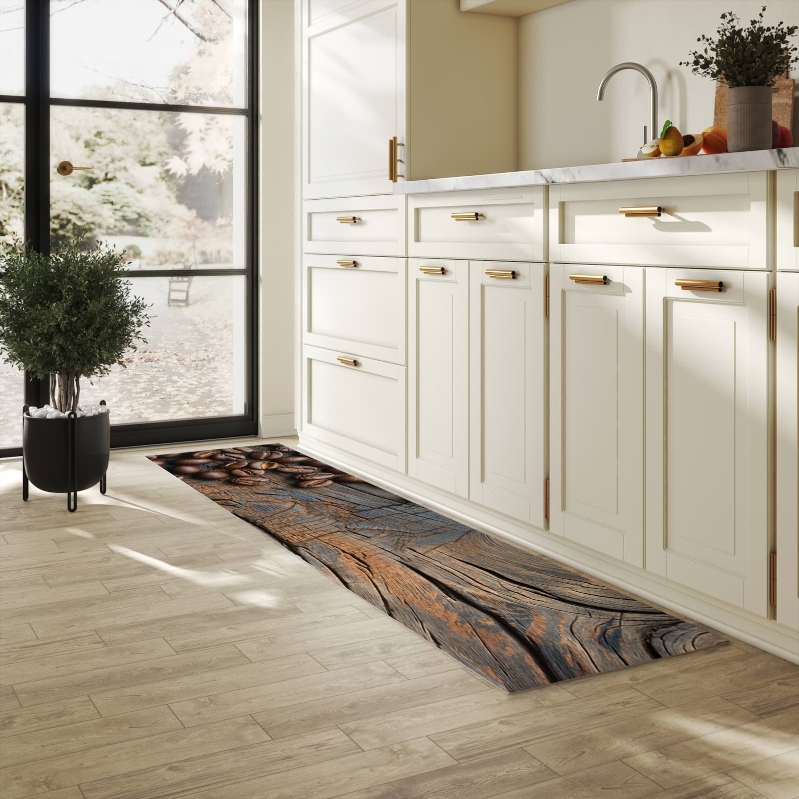 Farbbeständiger Küchenteppich mit Motiv Kaffeebohnenholz in heller Küche