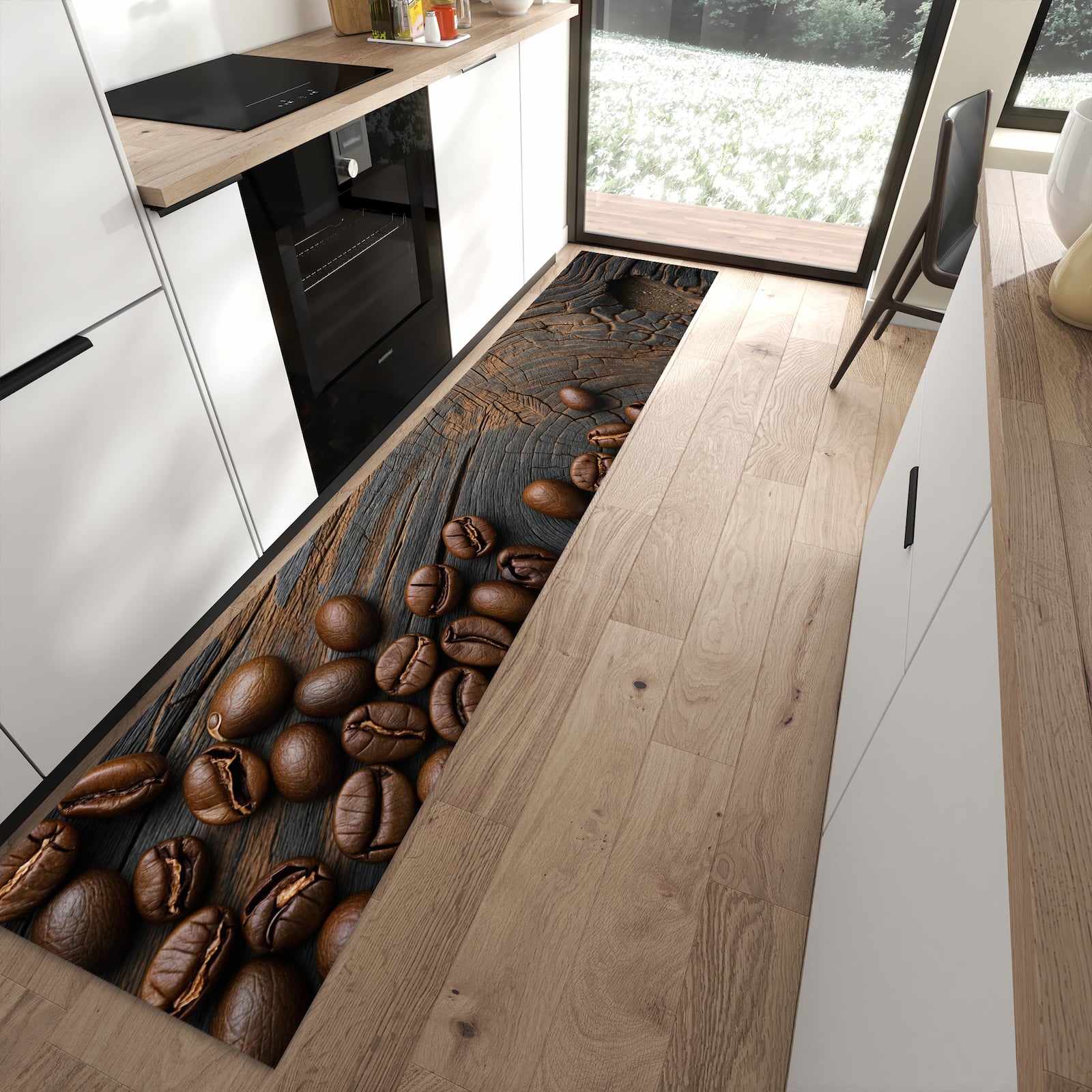 UV-beständiger Teppich für Küche mit Motiv Kaffeebohnenholz in moderner Küche