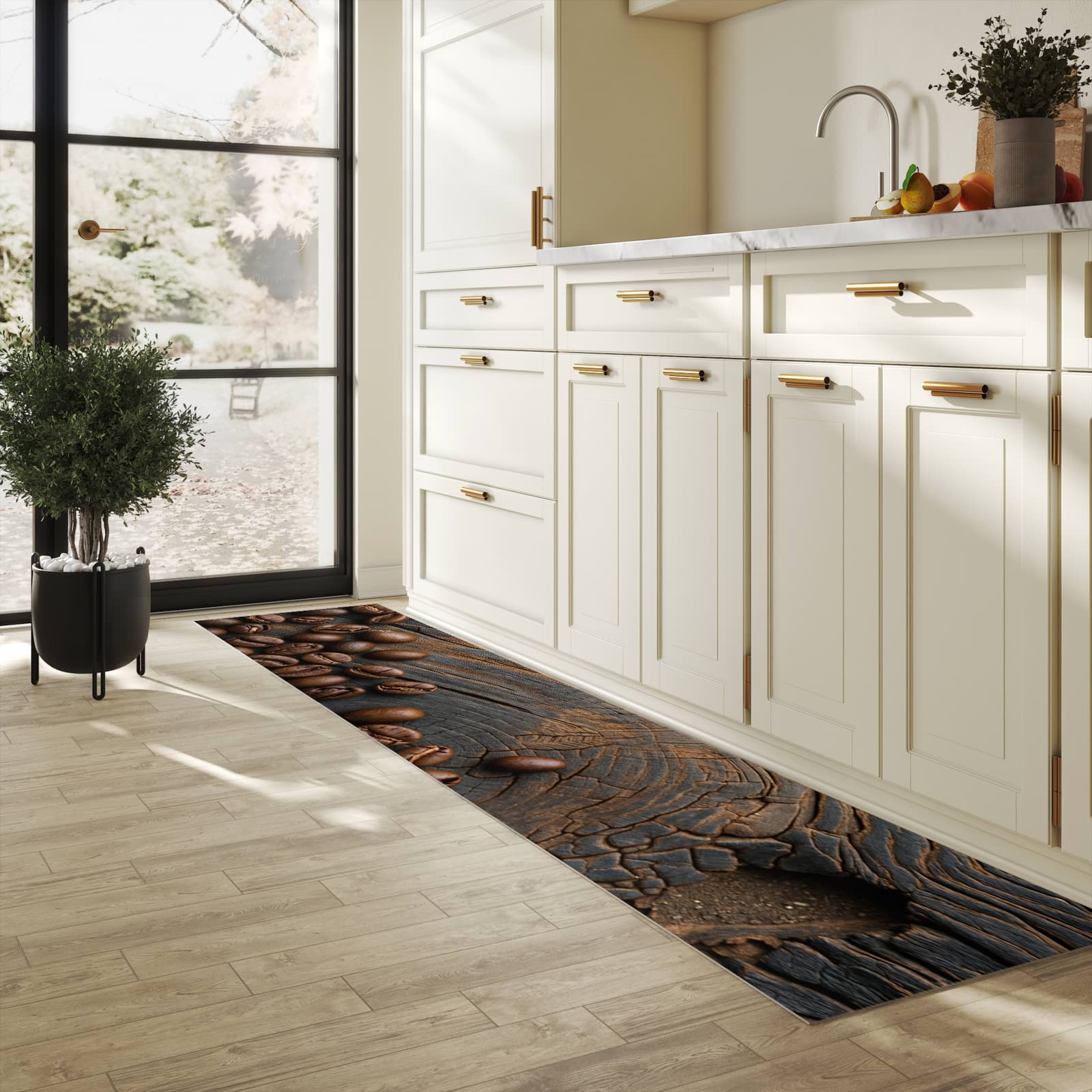 Formstabiler Küchenteppich mit Motiv Kaffeebohnenholz in heller Küche