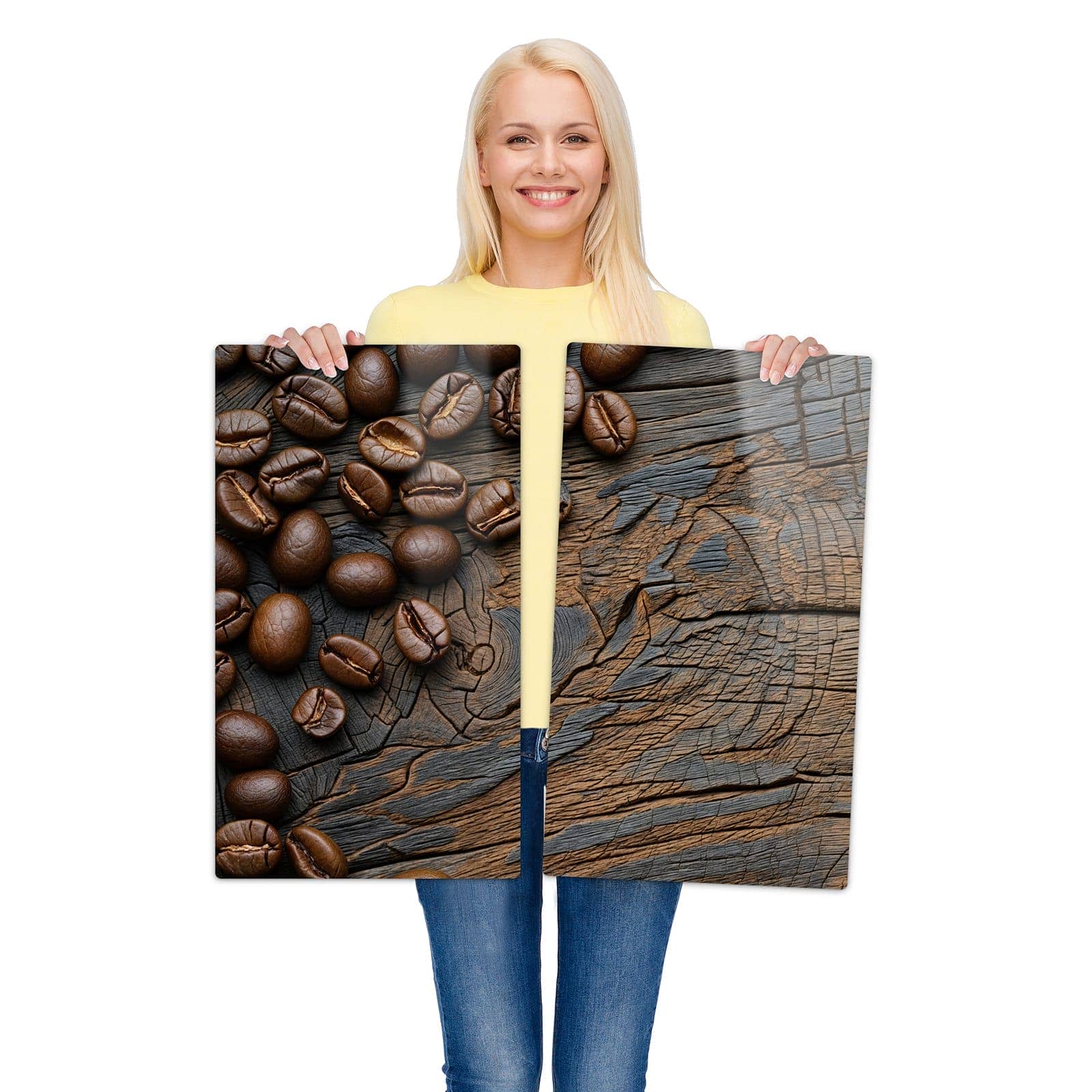2-teilige Abdeckplatten für Ceranfeld mit Kaffeebohnenholz-Motiv wird zur Größendarstellung gehalten
