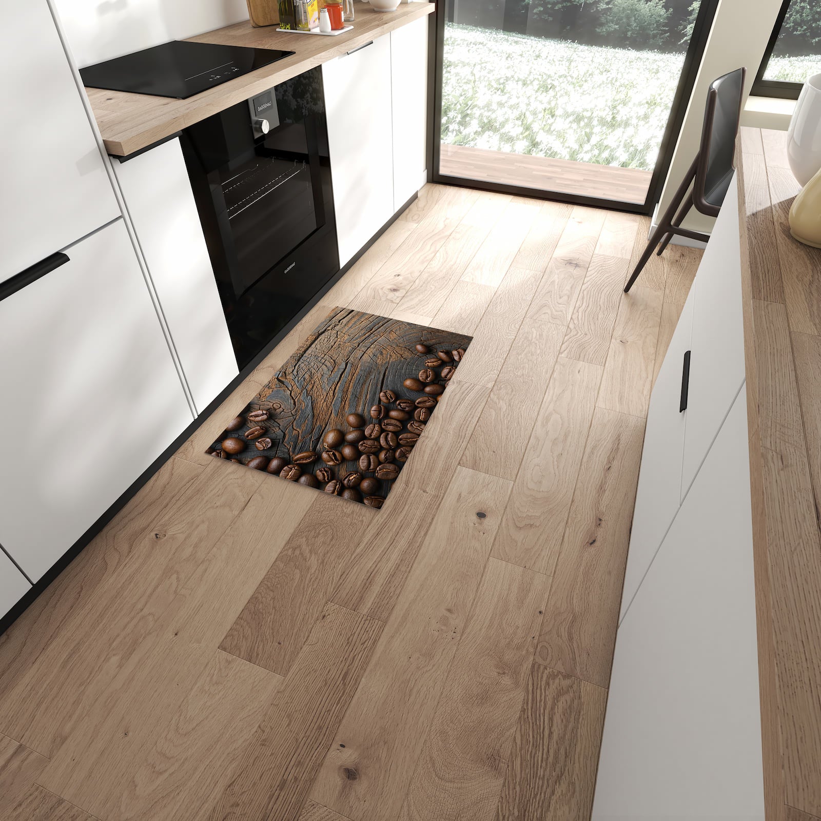 Komfortabler Küchenteppich mit Motiv Kaffeebohnenholz in moderner Küche