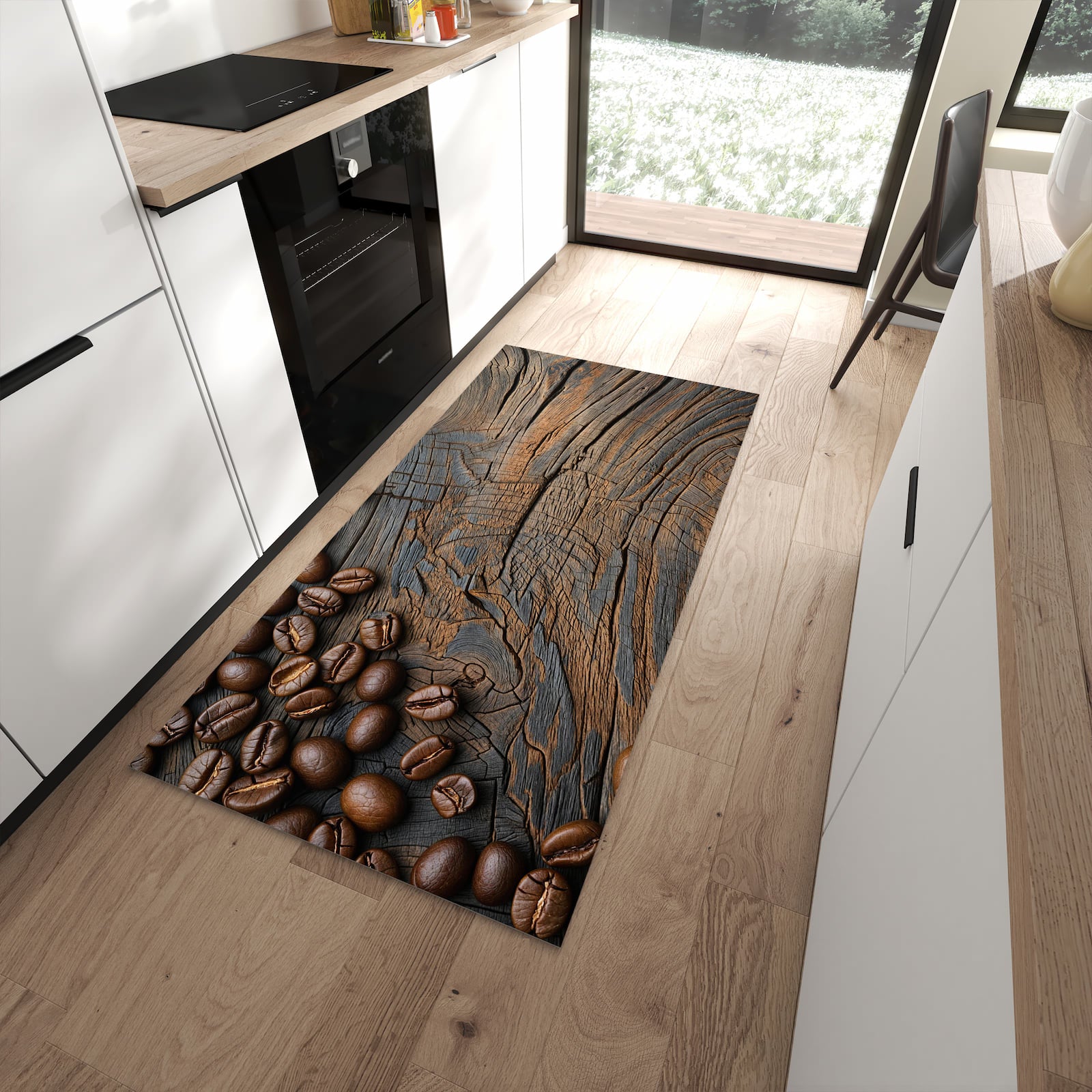 Langlebiger Küchenläufer mit Motiv Kaffeebohnenholz in moderner Küche