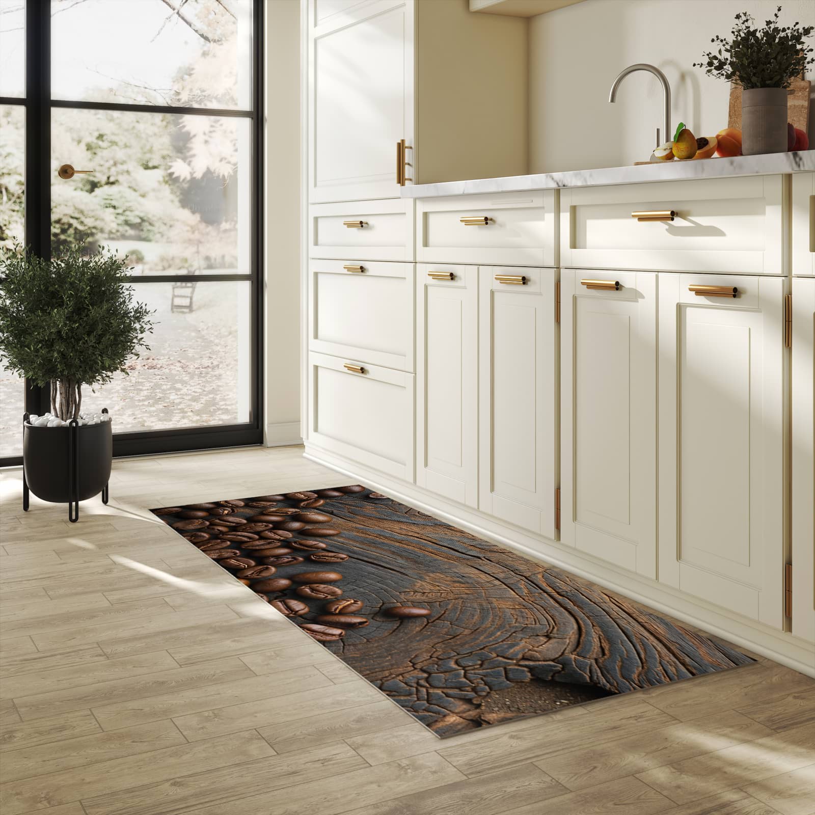 Zeitsparender Läufer Küche mit Motiv Kaffeebohnenholz in heller Küche