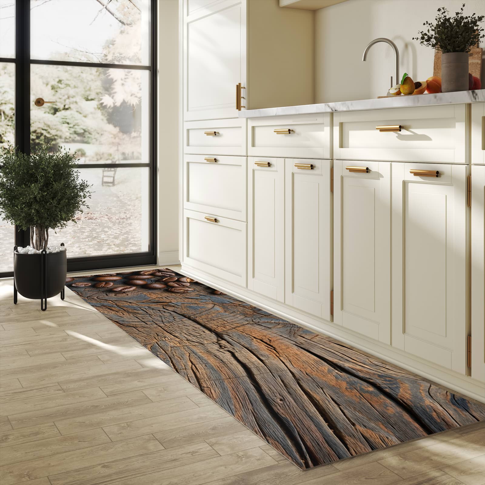 UV-beständiger Küchenvorleger mit Motiv Kaffeebohnenholz in heller Küche