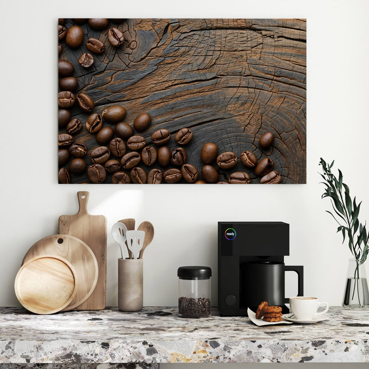 Metall Magnettafel - Bohnenrahmen auf Holz – Kaffeebohnen auf verwittertem Holz
