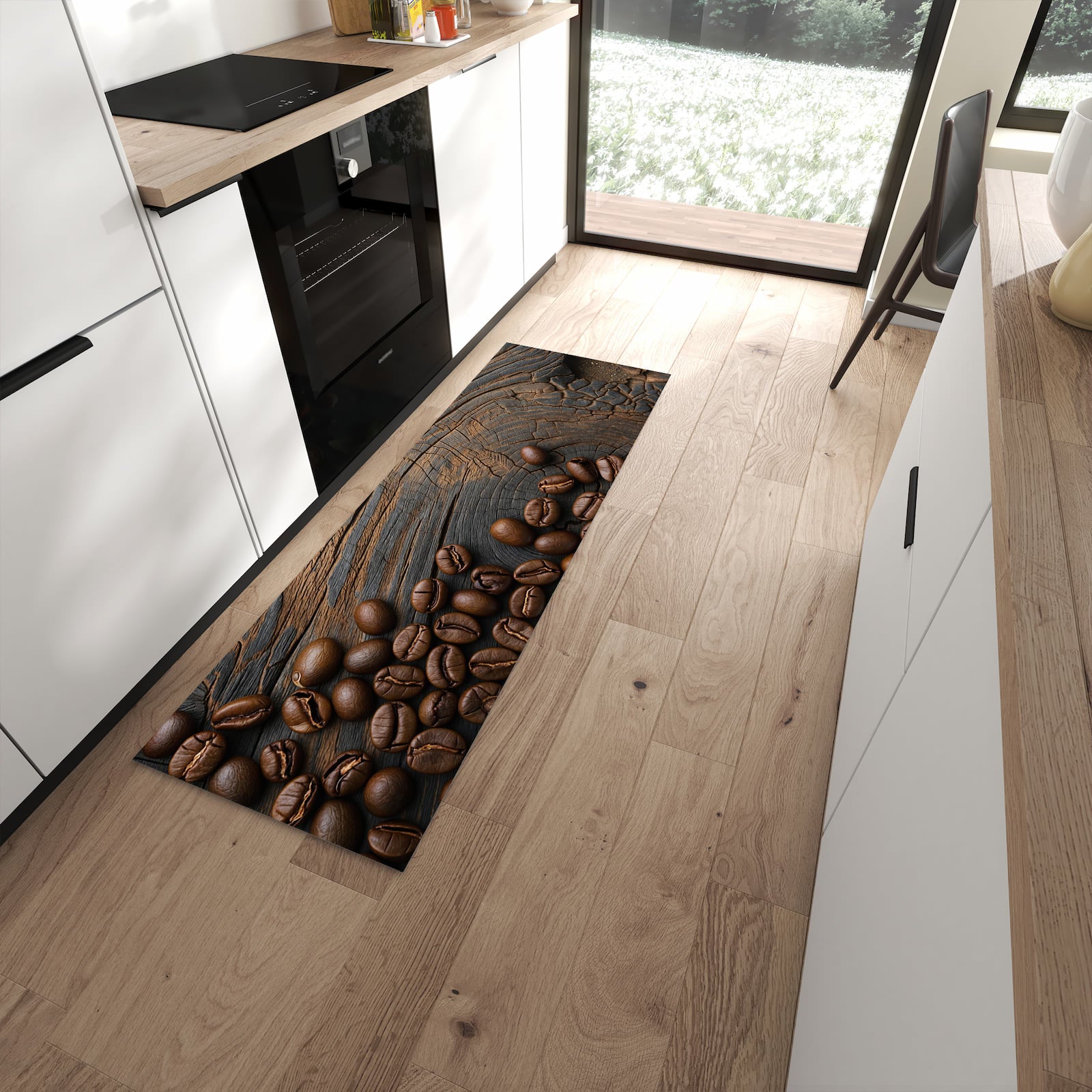 Zeitsparender abwaschbarer Küchenteppich mit Motiv Kaffeebohnenholz in moderner Küche