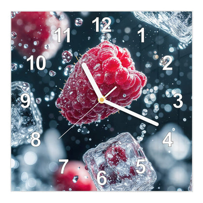 Wanduhr Quadratisch mit dem Motiv Himbeeren und Eiswürfel